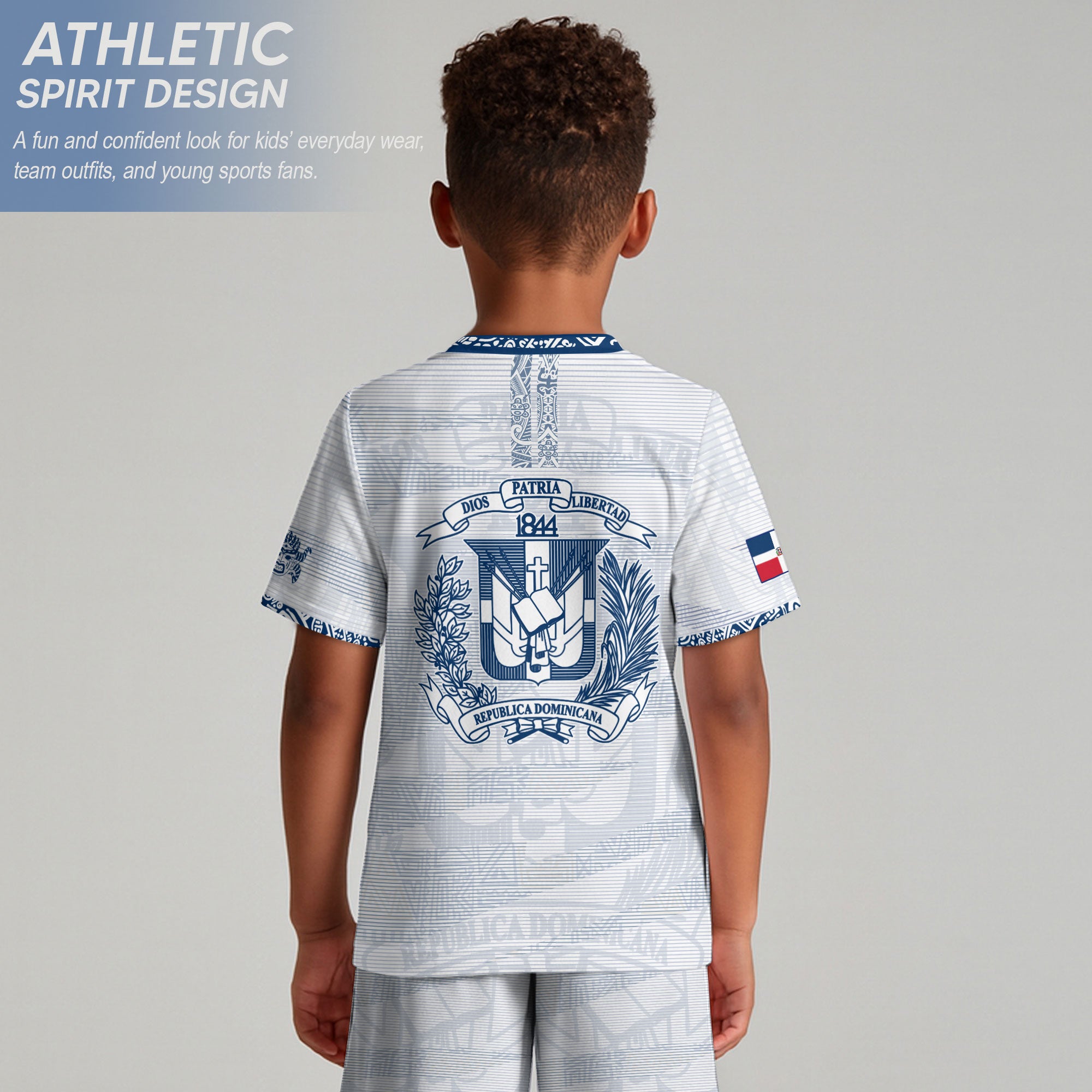 Dominican Kids Soccer Jersey White Blue Cultural Heritage Edition
