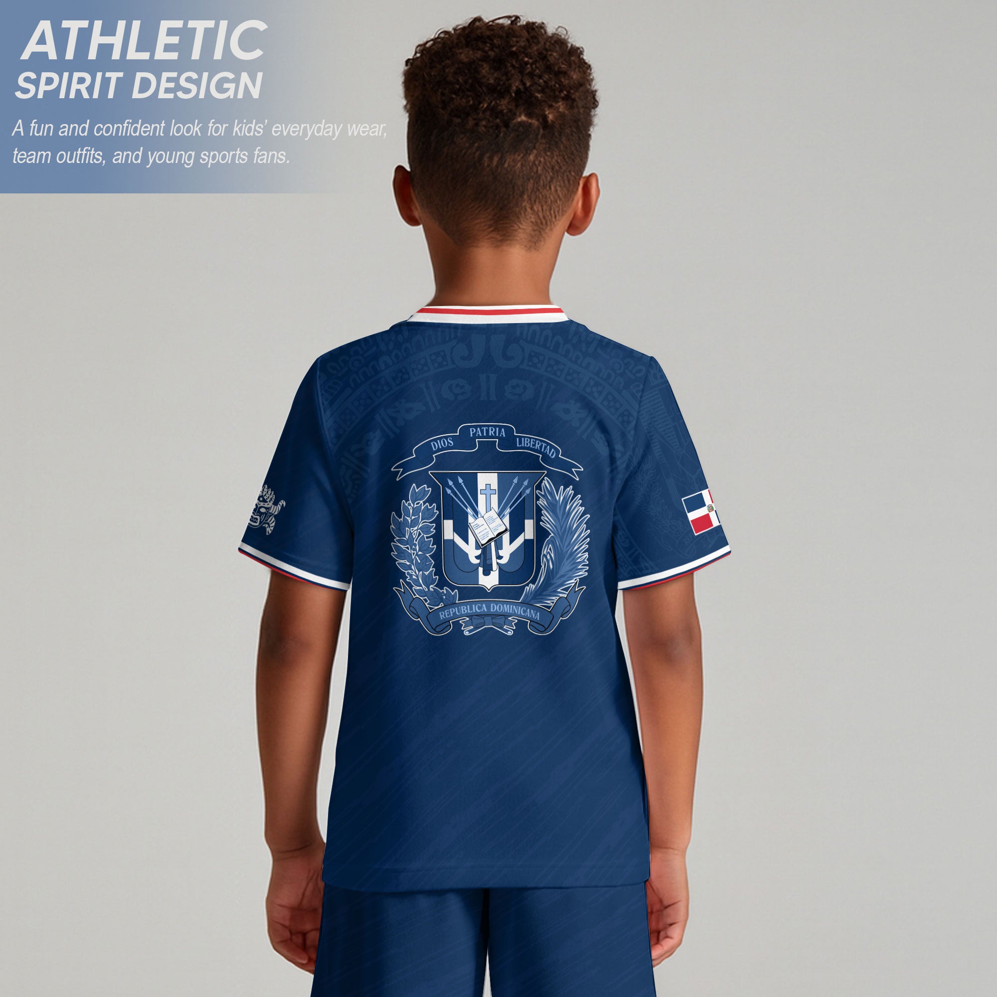 Dominican Cultural Heritage Kids Soccer Jersey Navy, National Pride Collection