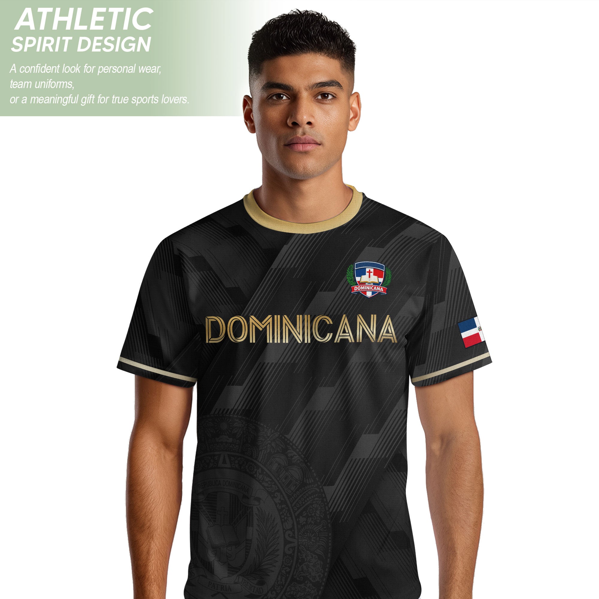 Dominican Cultural Heritage Soccer Jersey Black Gold, National Pride Collection