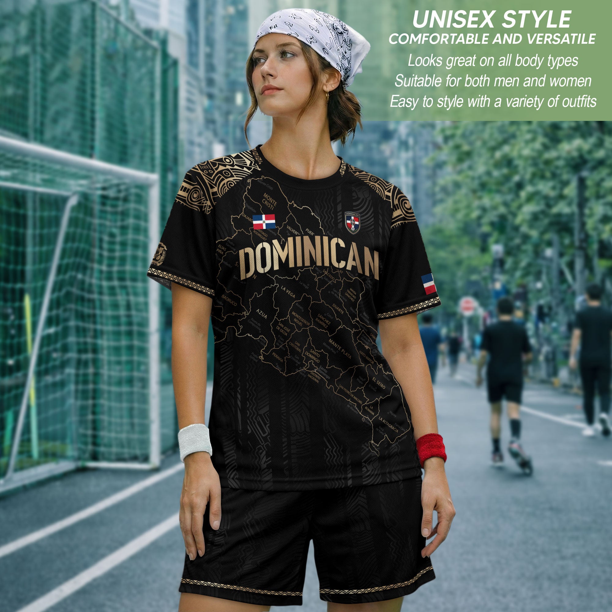 Dominican Heritage Soccer Jersey with Island Map Black Gold, Taino Inspired National Pride Shirt