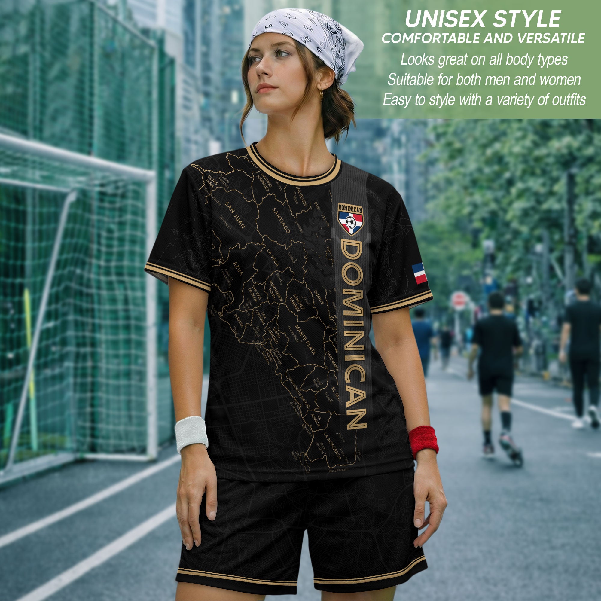 Dominican National Pride Soccer Jersey Black Gold, Taino Heritage Map Design Shirt