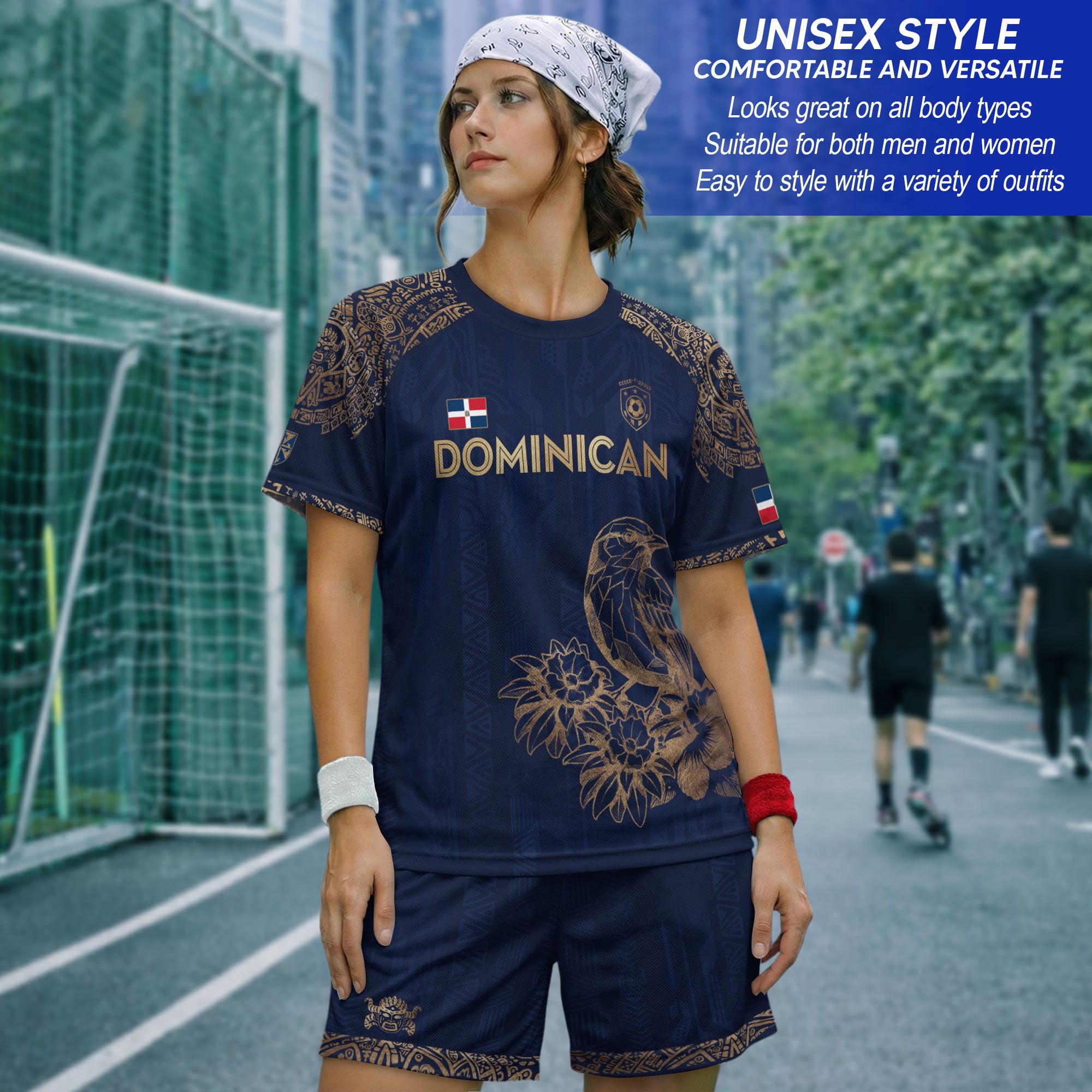 Dominican Republic Heritage Navy Gold Athletic Bird Flower Soccer Jersey