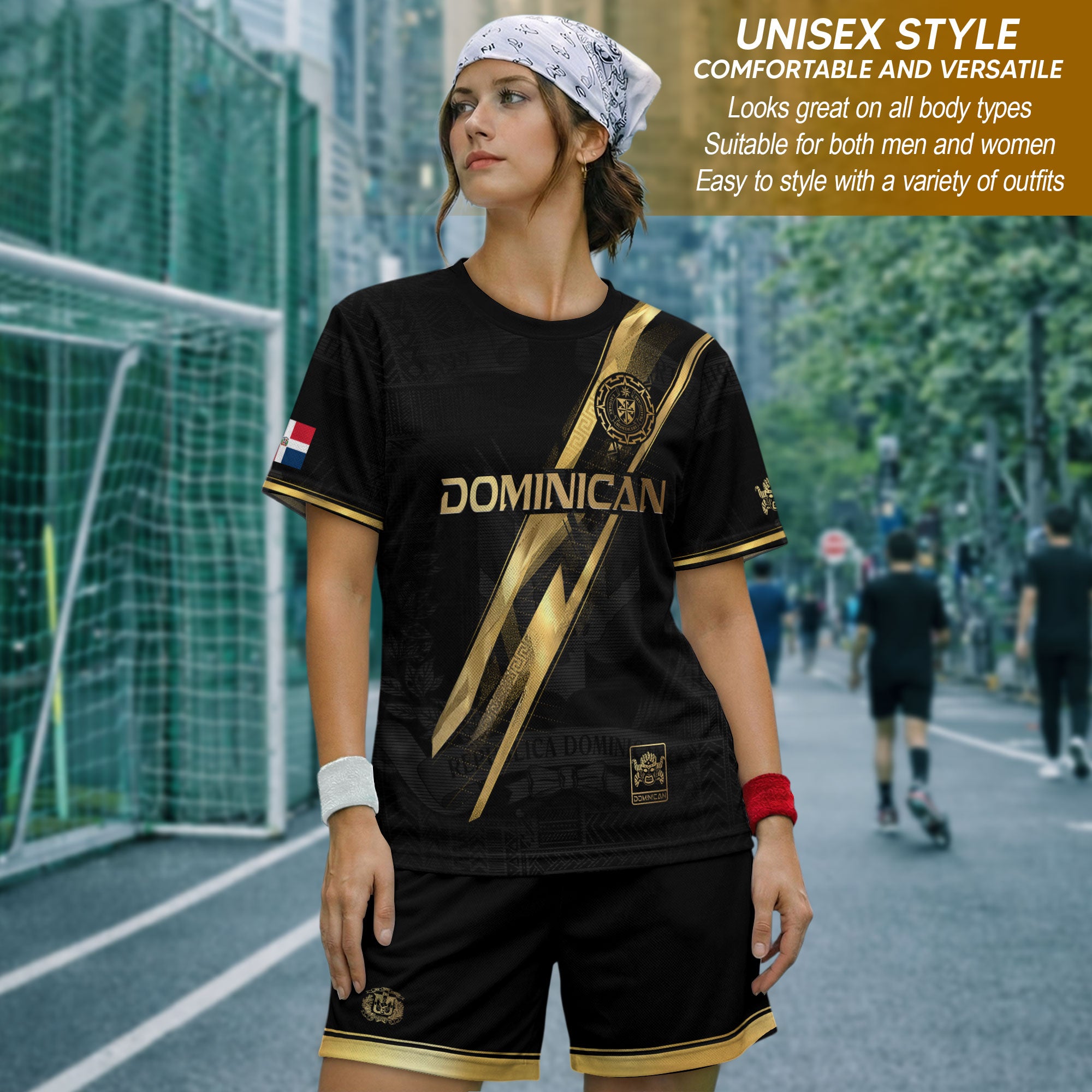 Dominican Republic Black Gold Premium Geometric Pattern Cultural Pride Soccer Jersey
