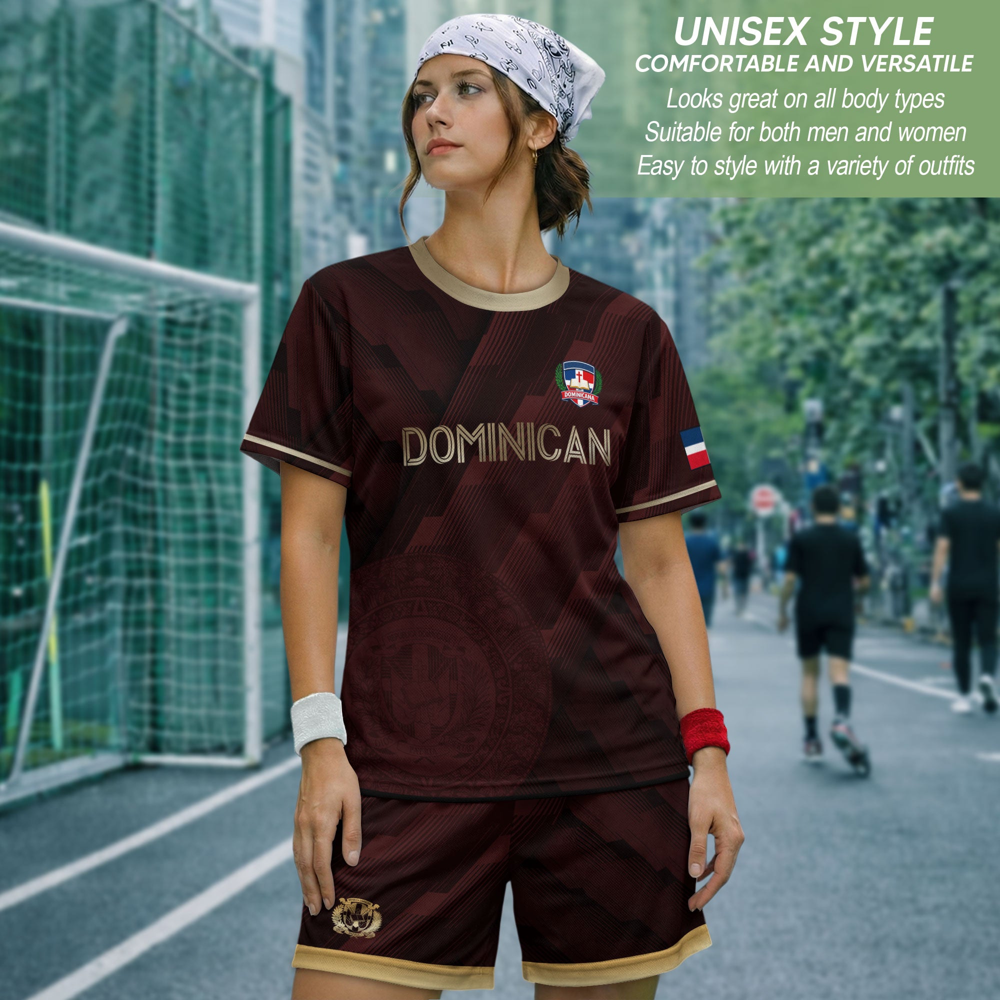 Dominican Heritage Soccer Jersey Maroon Gold, National Emblem Cultural Identity Shirt