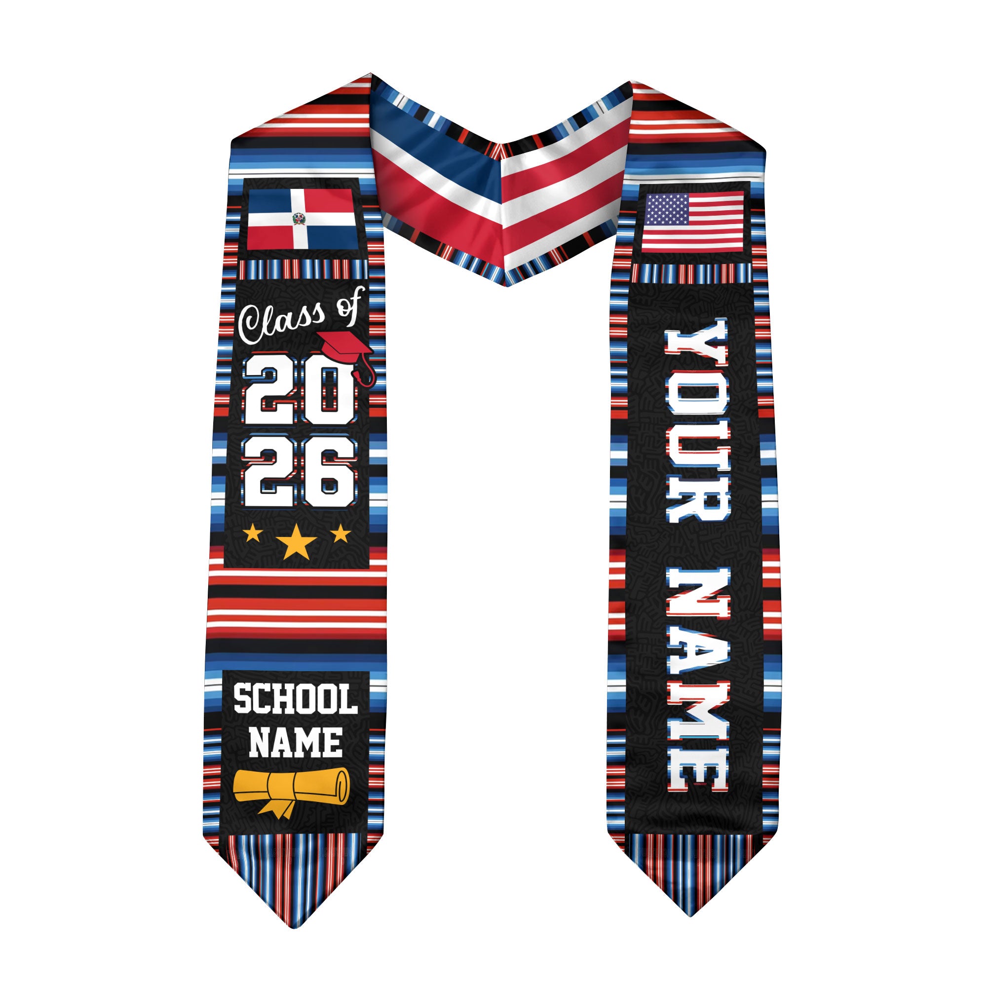 Custom Dominicans Graduation Stole Class of 2026 Dominican USA Flag Serape Stripe Sash