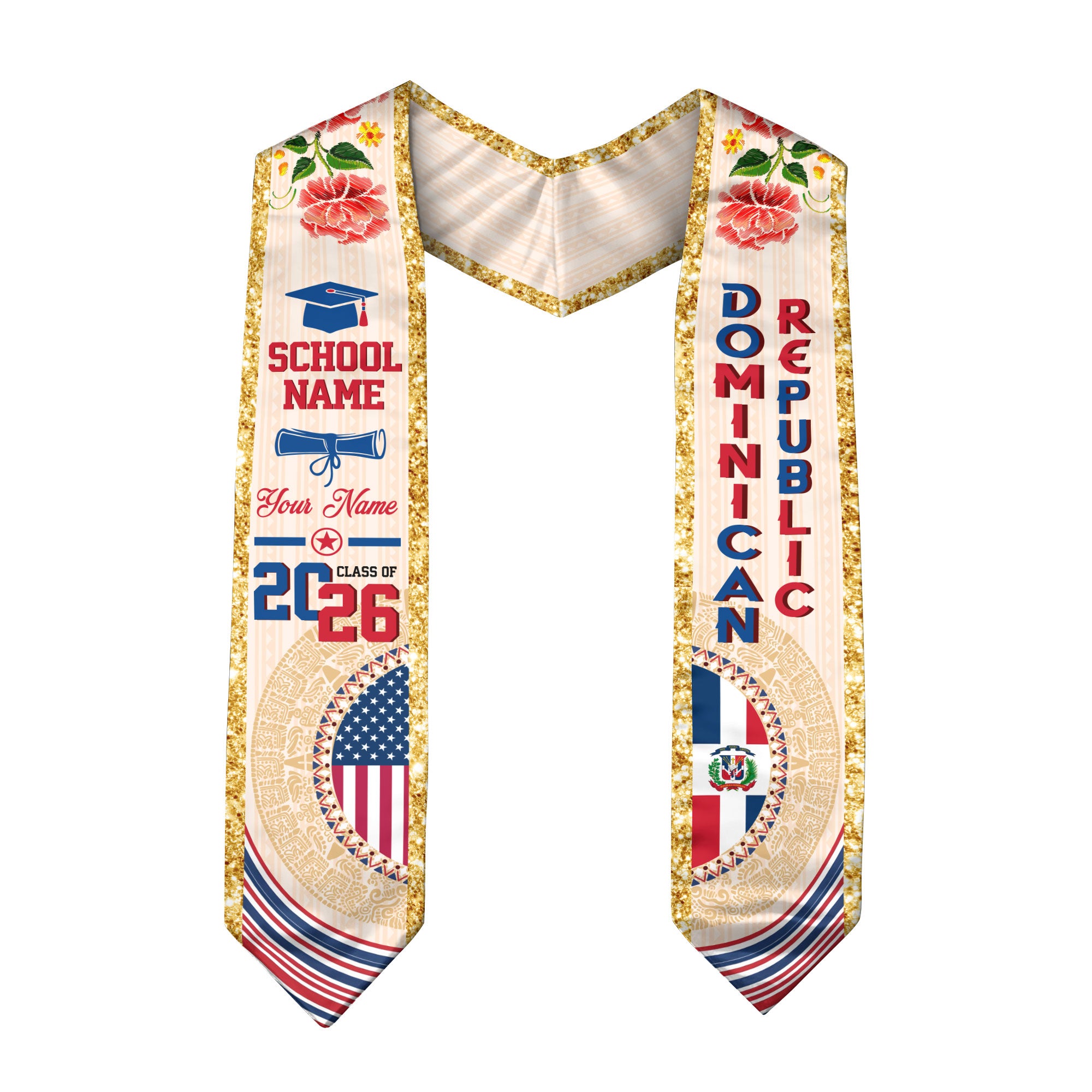 Dominican USA Flag Graduation Stole Class of 2026 Custom Dominicans Sash Floral Aztec