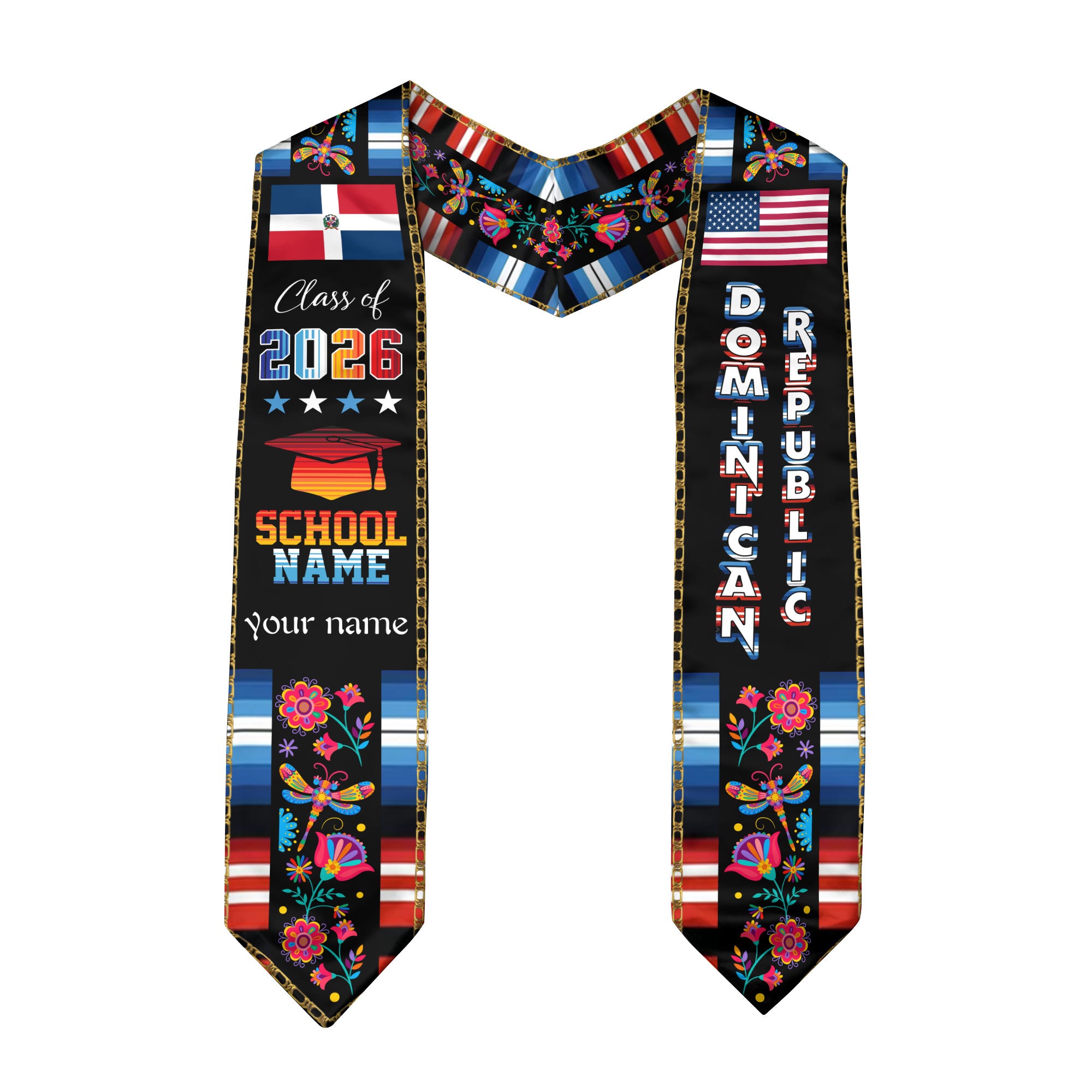 Personalized Dominicans Graduation Sash Class of 2026 Dominican USA Flag Butterfly Floral