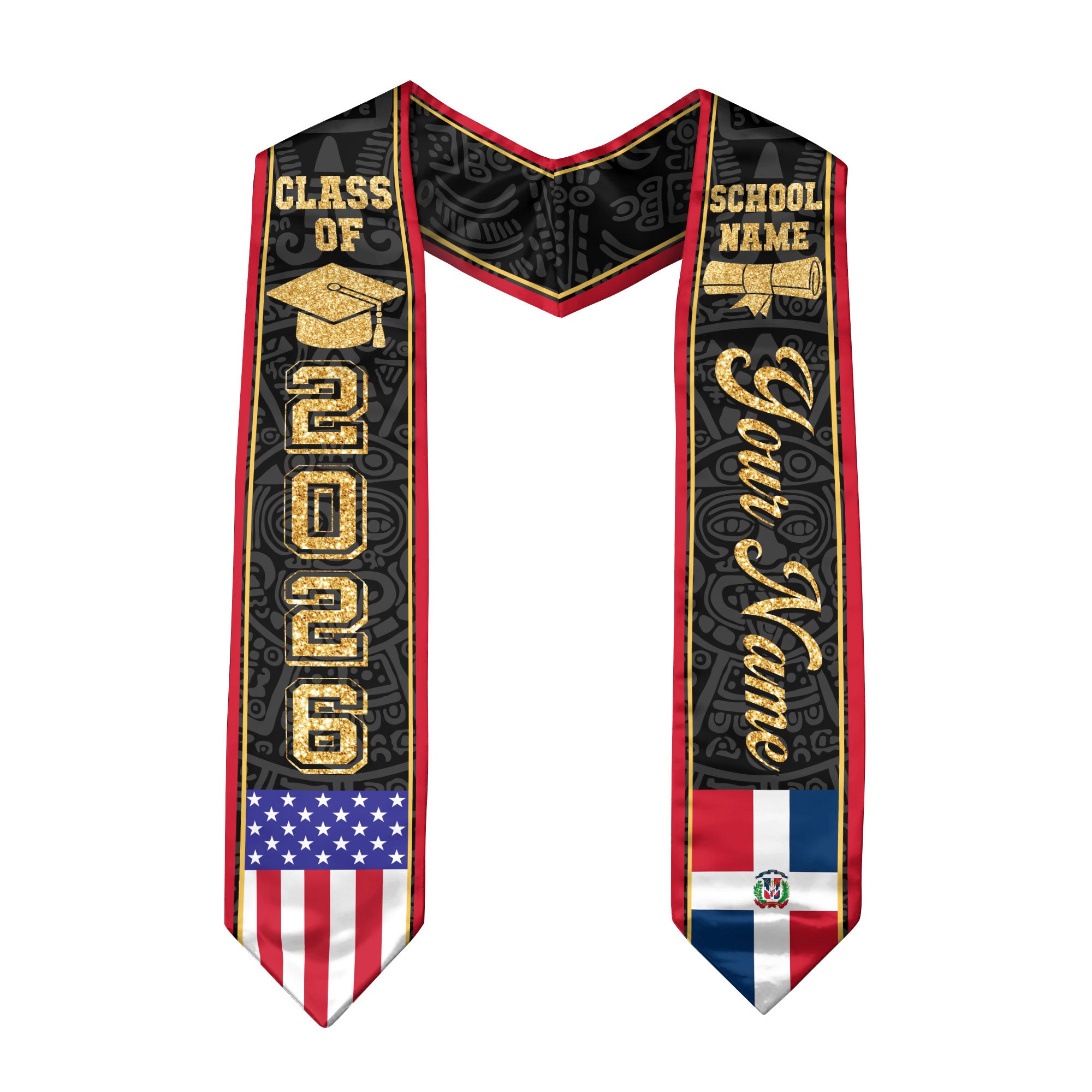 Dominican USA Flag Graduation Stole Class of 2026 Custom Dominicans Aztec Pattern