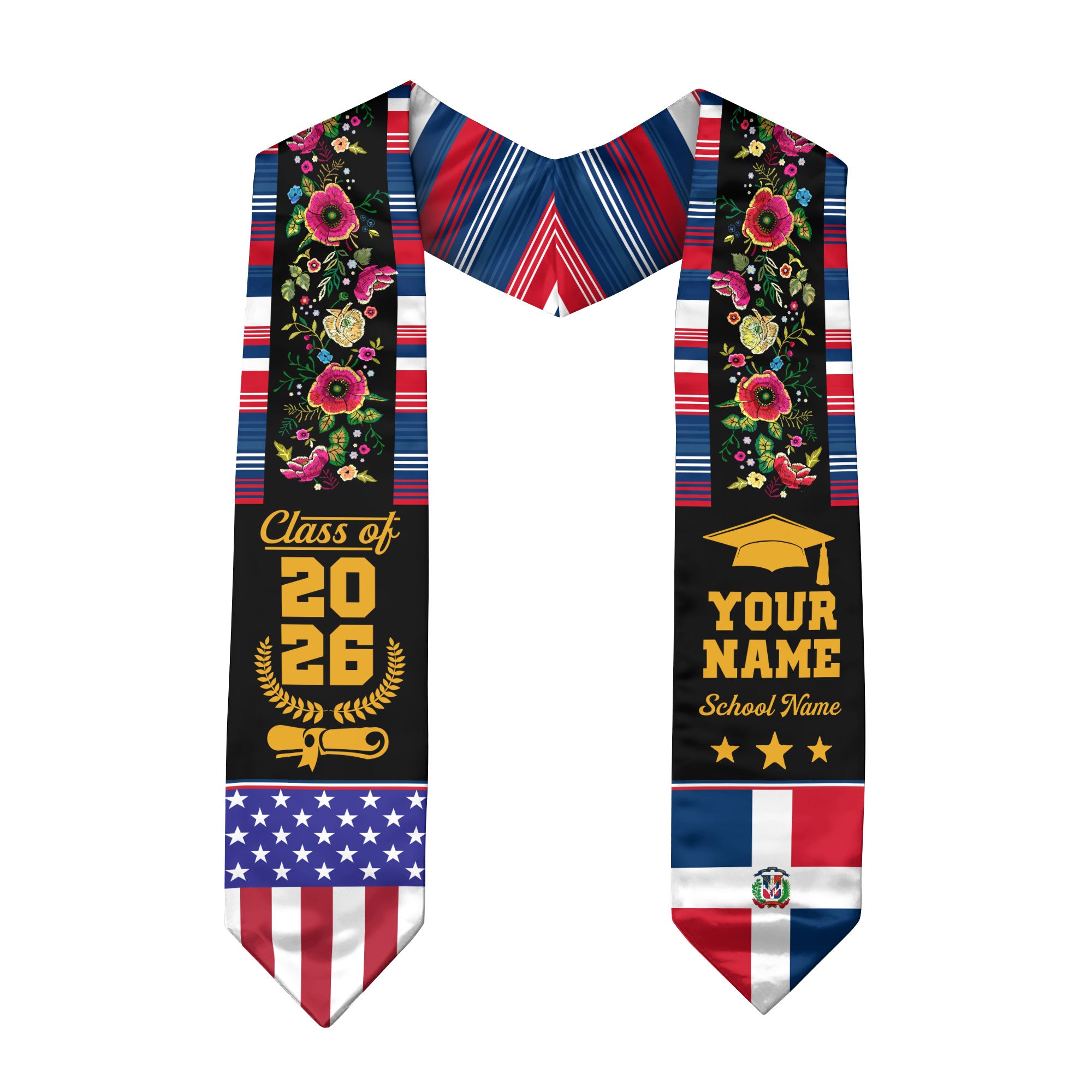 Dominicans Class of 2026 Graduation Stole Custom Dominican USA Flag Floral Embroidery