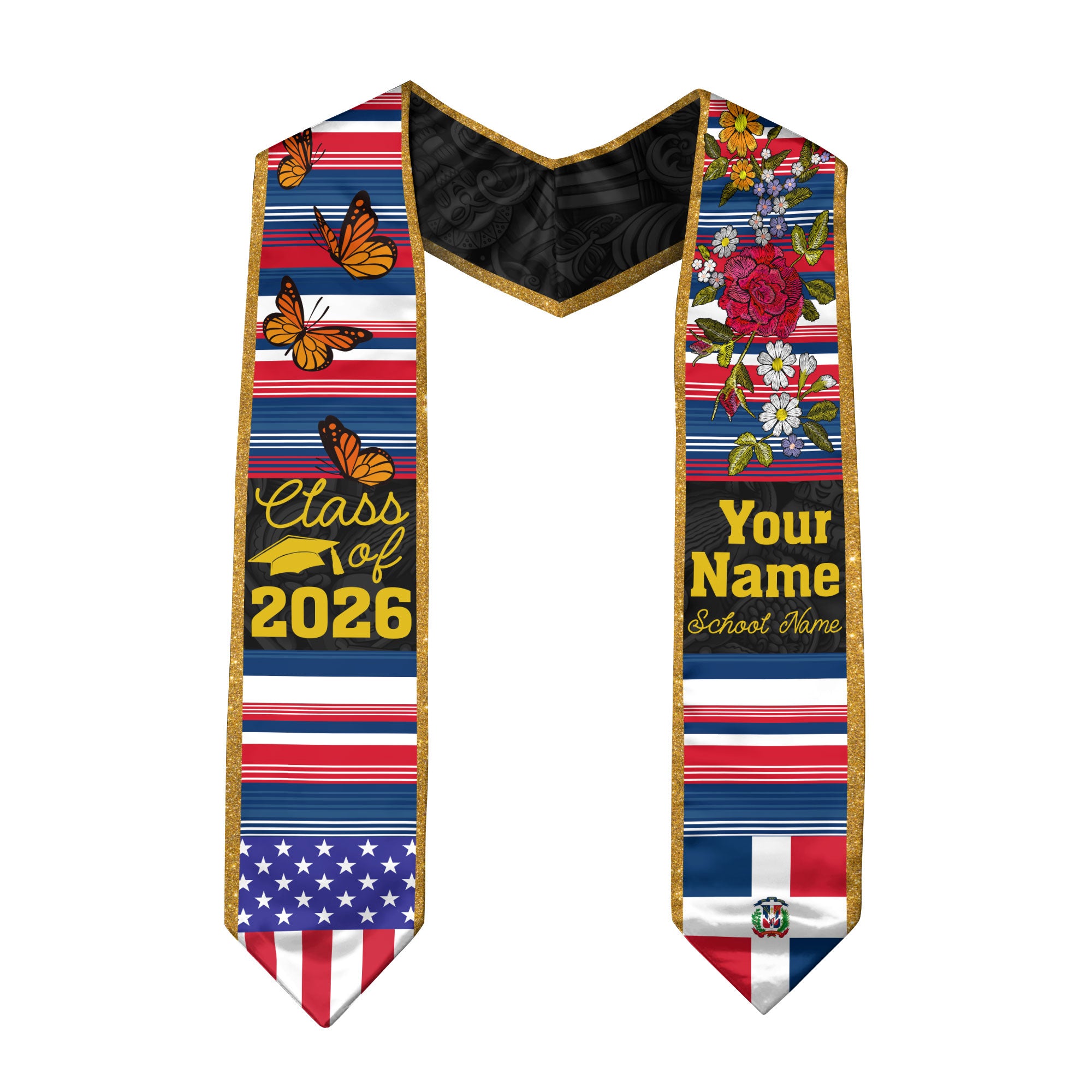 Dominicans Stole Class of 2026 Custom Graduation Sash Dominican USA Flag Butterfly