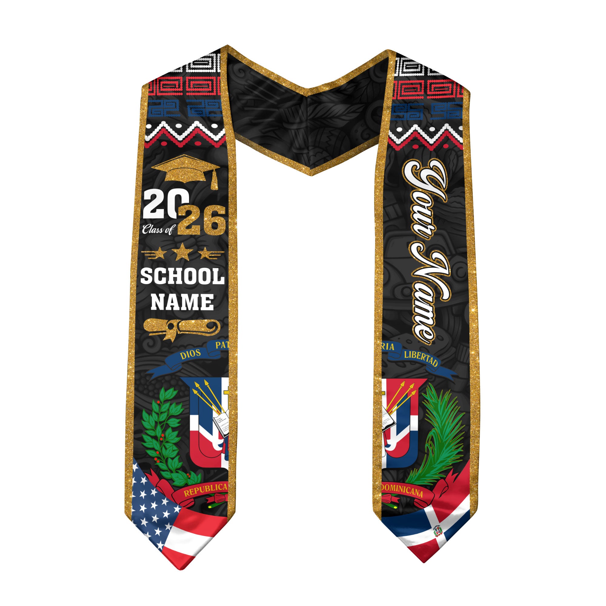 Custom Dominicans Graduation Stole Class of 2026 Dominican USA Flag Tribal Pattern