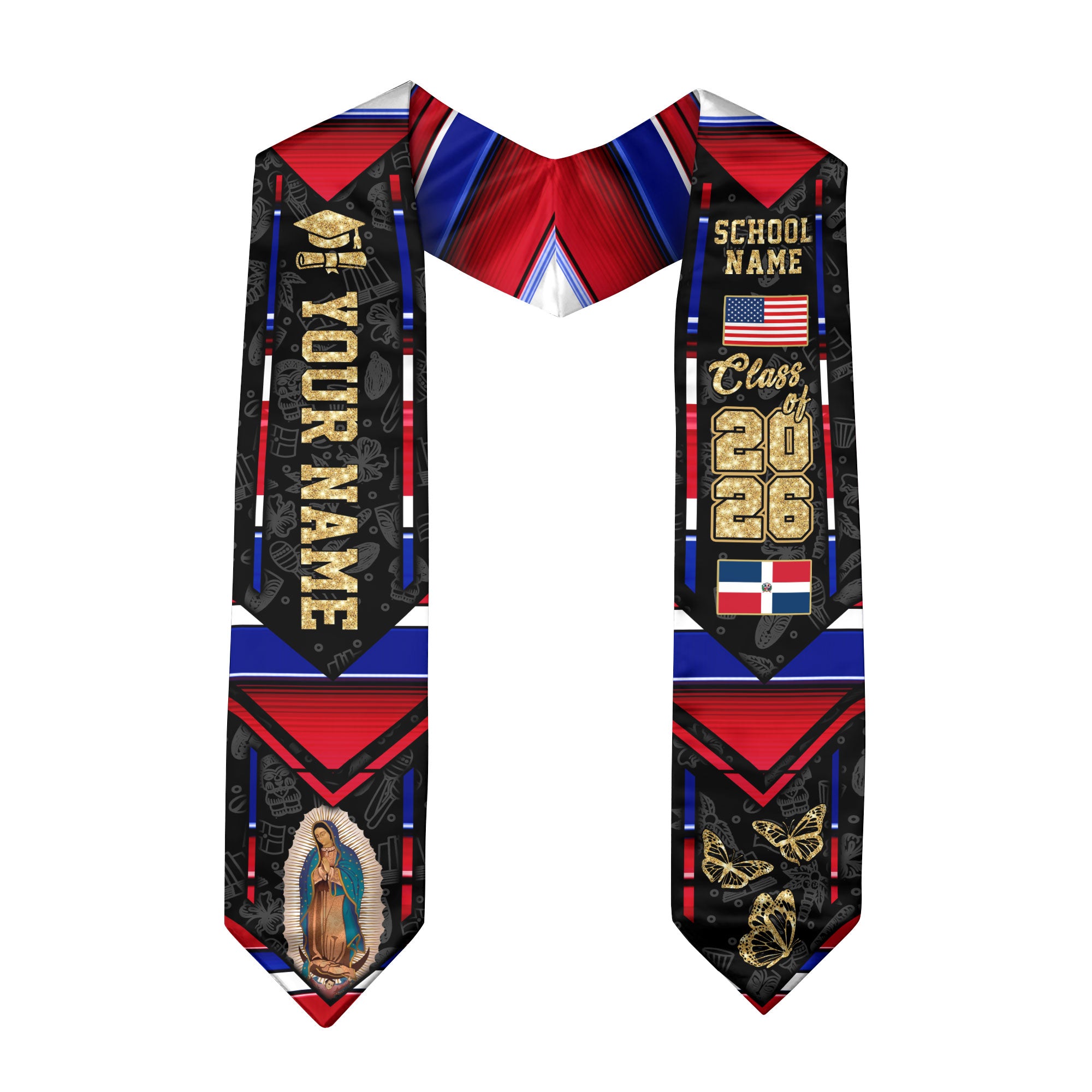 Dominican USA Flag Graduation Stole Class of 2026 Custom Dominicans Sash Virgin Mary Butterfly