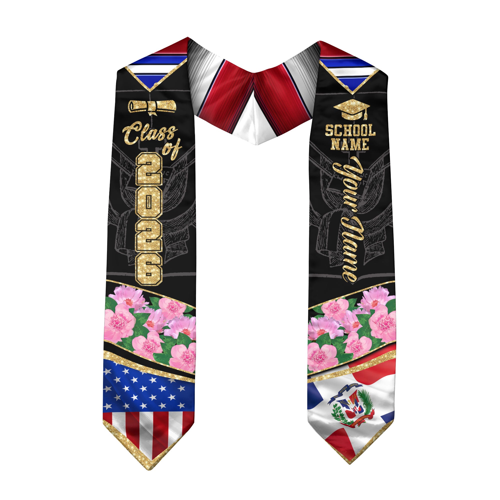Class of 2026 Dominicans Graduation Stole Custom Dominican USA Flag Peony Floral Design