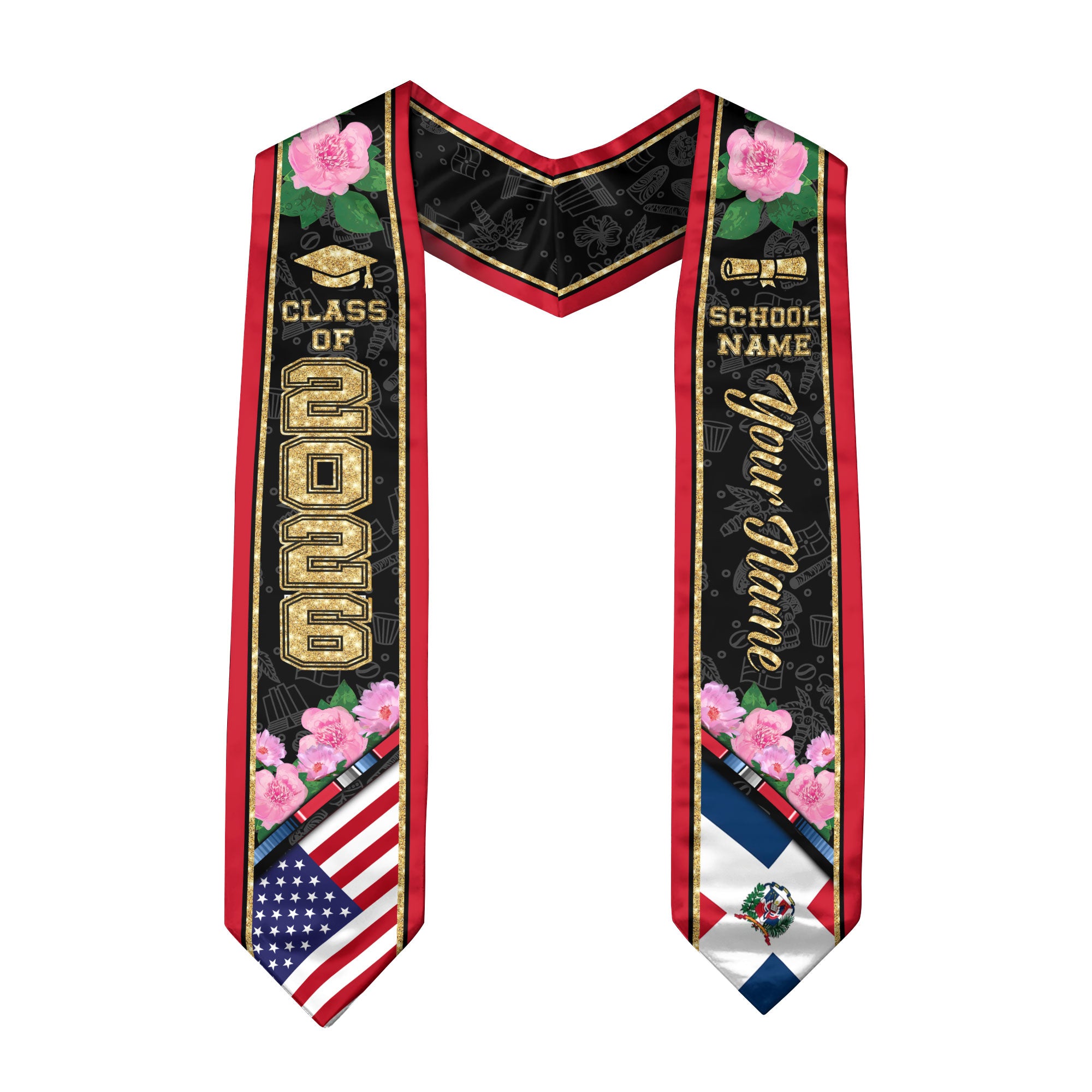 Personalized Dominicans Graduation Sash Class of 2026 Dominican USA Flag Peony Flower