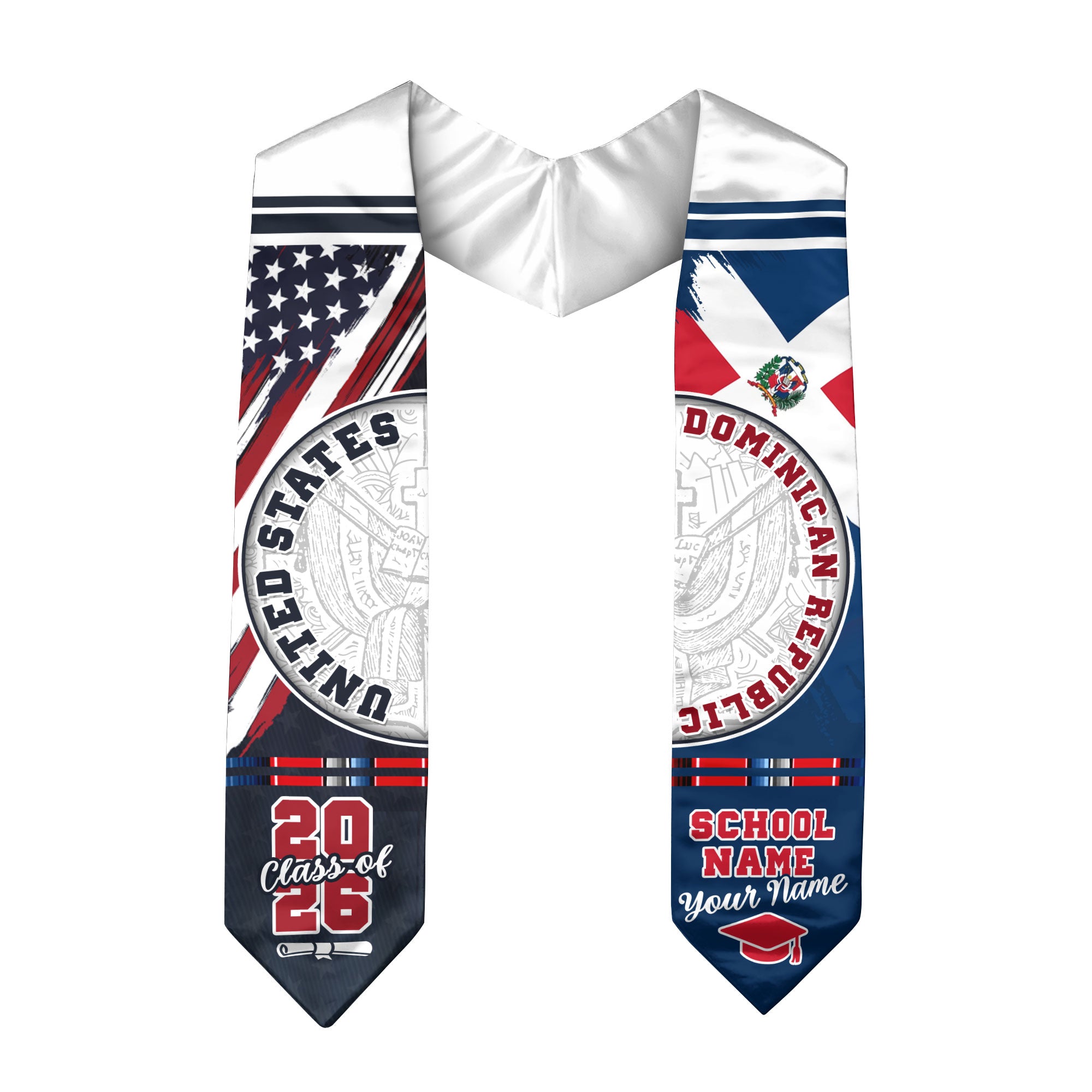 Dominican Republic Graduation Stole Class of 2026 Custom Dominicans Sash USA Flag Seal Pattern