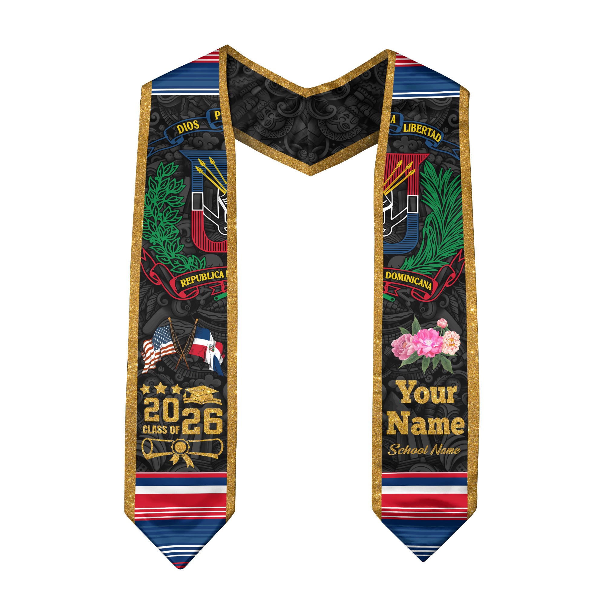 Custom Dominican American Graduation Stole, DR Floral Grad Sash, Class of 2026 Graduate Gift