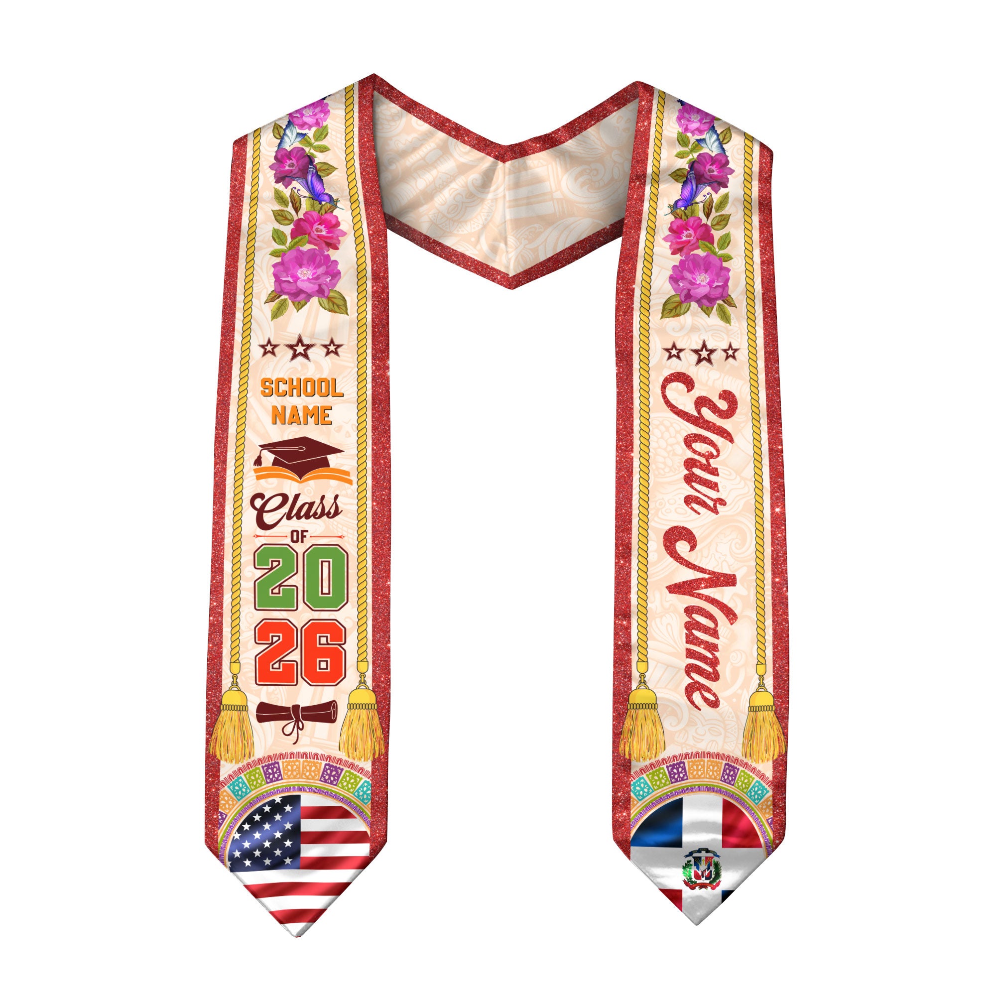 Personalized Dominicana Floral Stole, DR Grad Sash Graduation Gift, Class of 2026 Senior