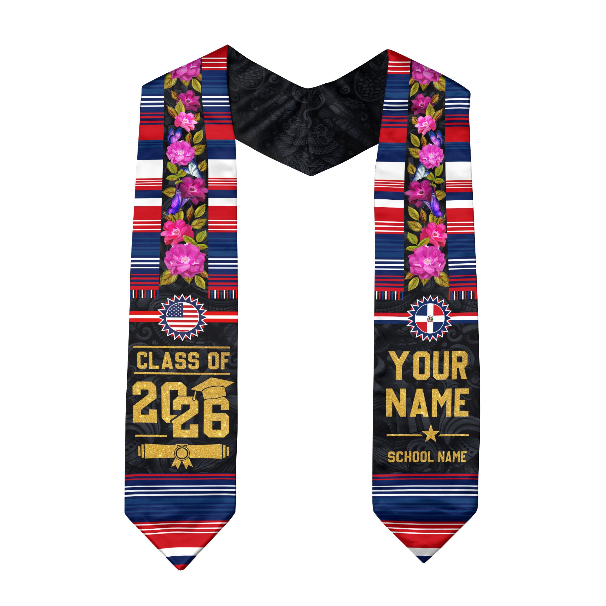 Dominican Flag Graduation Sash, Custom Floral Grad Stole , Class of 2026 Dominican Graduate