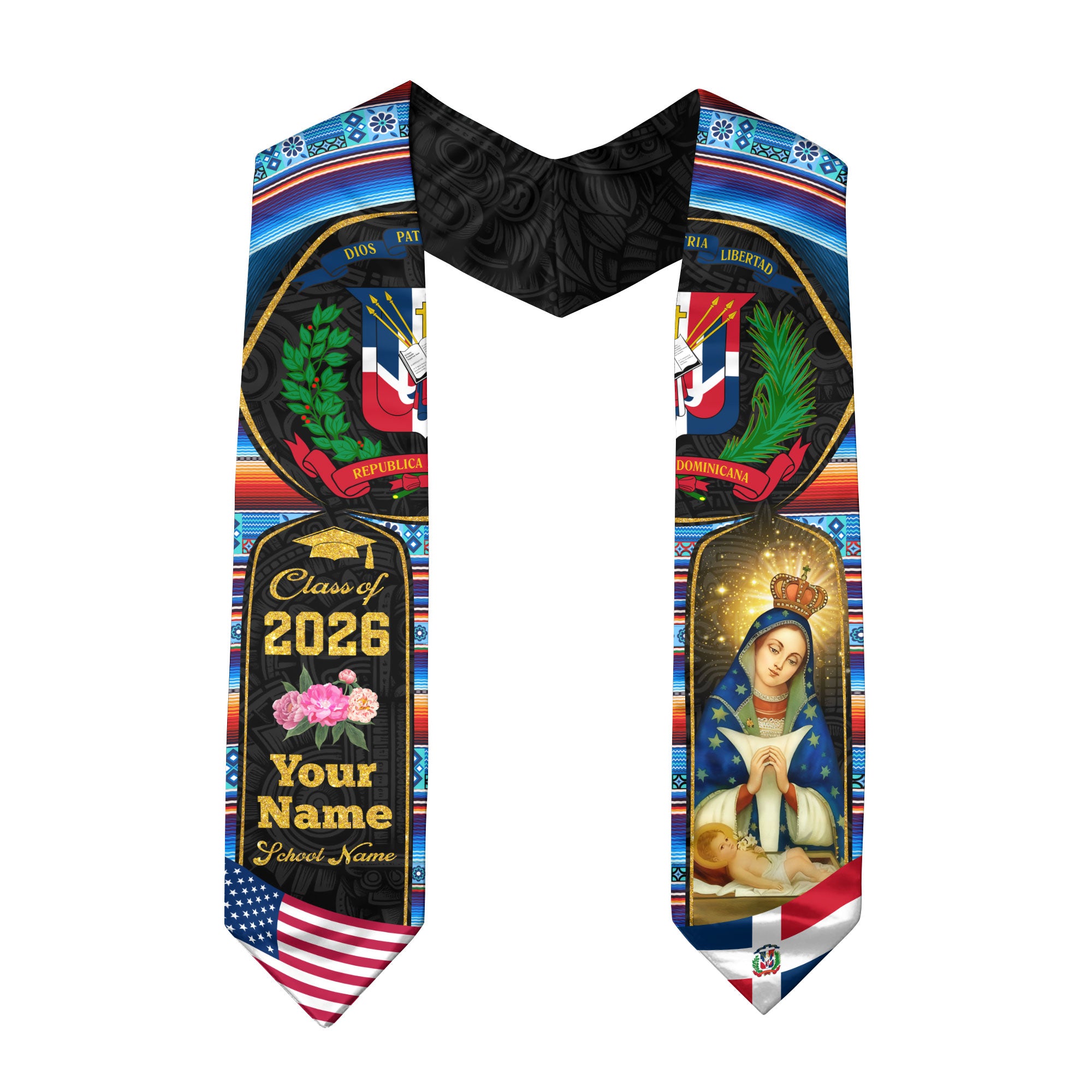 Personalized Dominican American Stole Grad, Dominican Republic Sash Graduation, Class of 2026 Graduate Gift