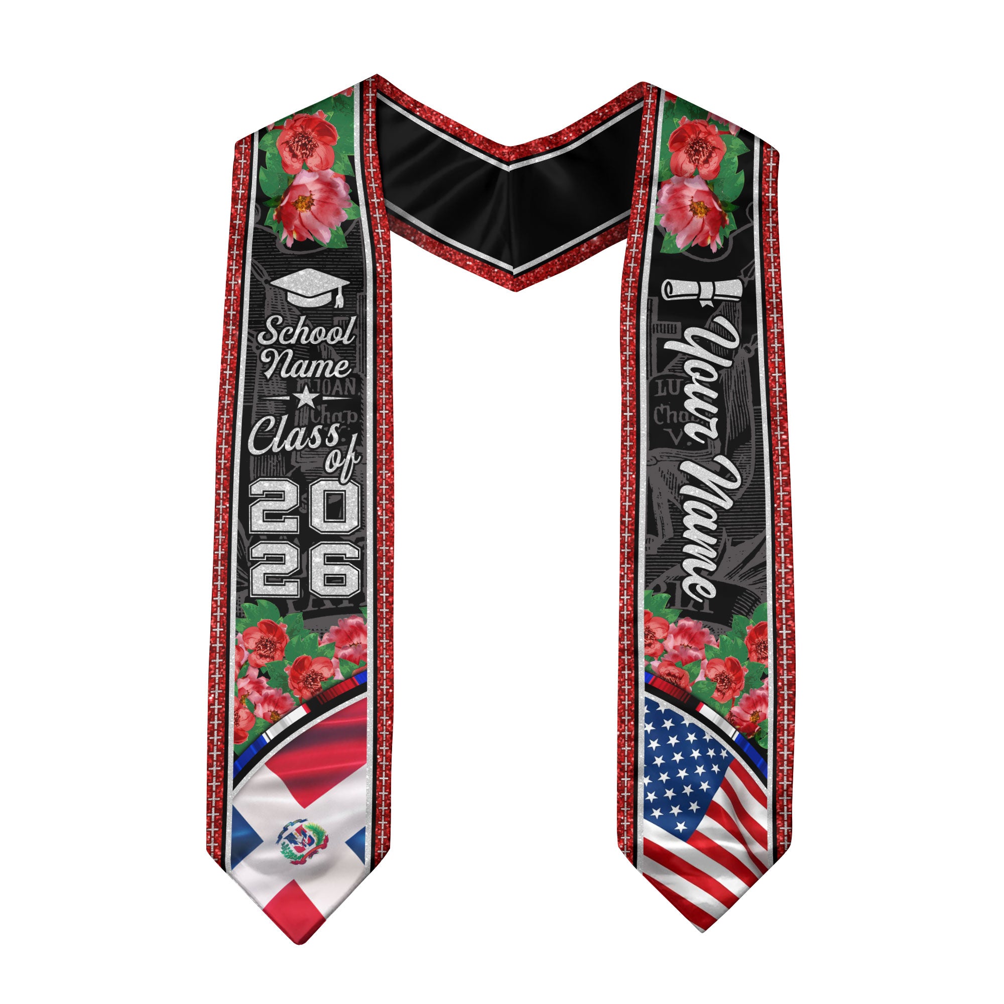 Personalized Dominican American Graduation Floral Stole Grad Sash, Class of 2026 Senior Gift