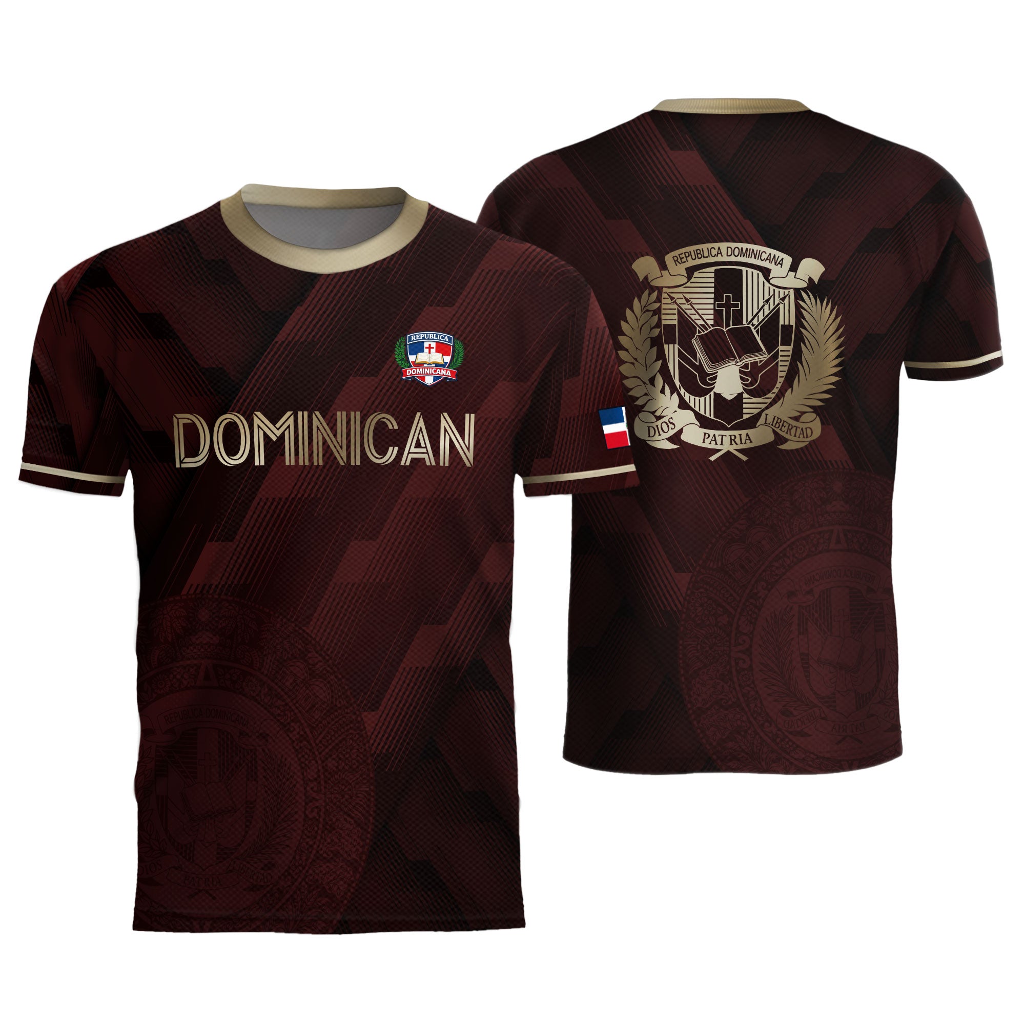 Dominican Heritage Soccer Jersey Maroon Gold, National Emblem Cultural Identity Shirt