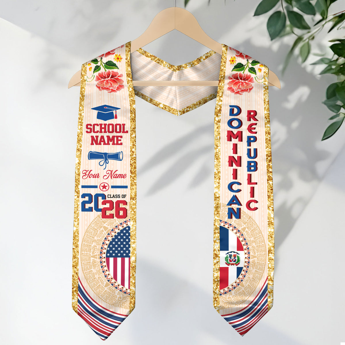 Dominican USA Flag Graduation Stole Class of 2026 Custom Dominicans Sash Floral Aztec