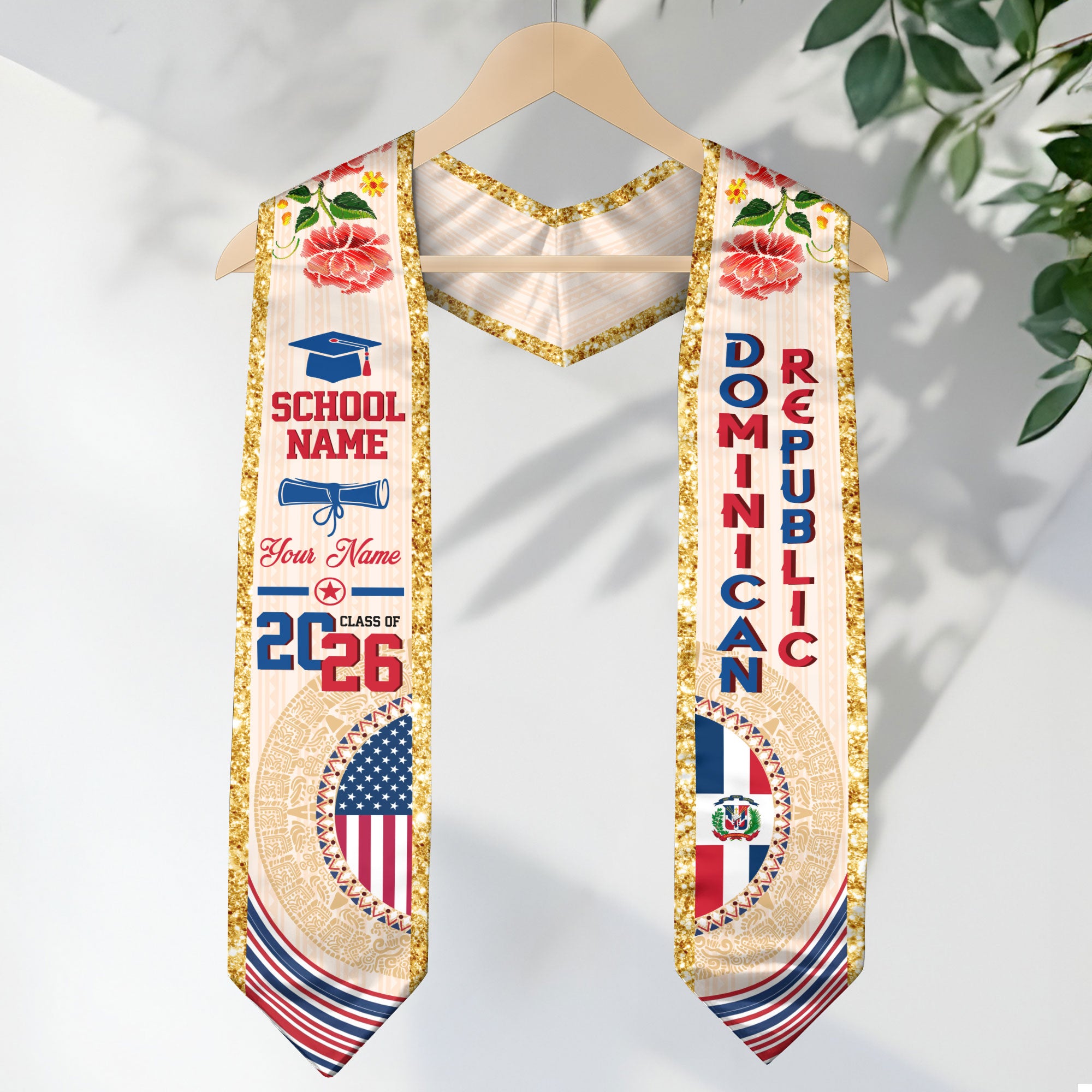 Dominican USA Flag Graduation Stole Class of 2026 Custom Dominicans Sash Floral Aztec