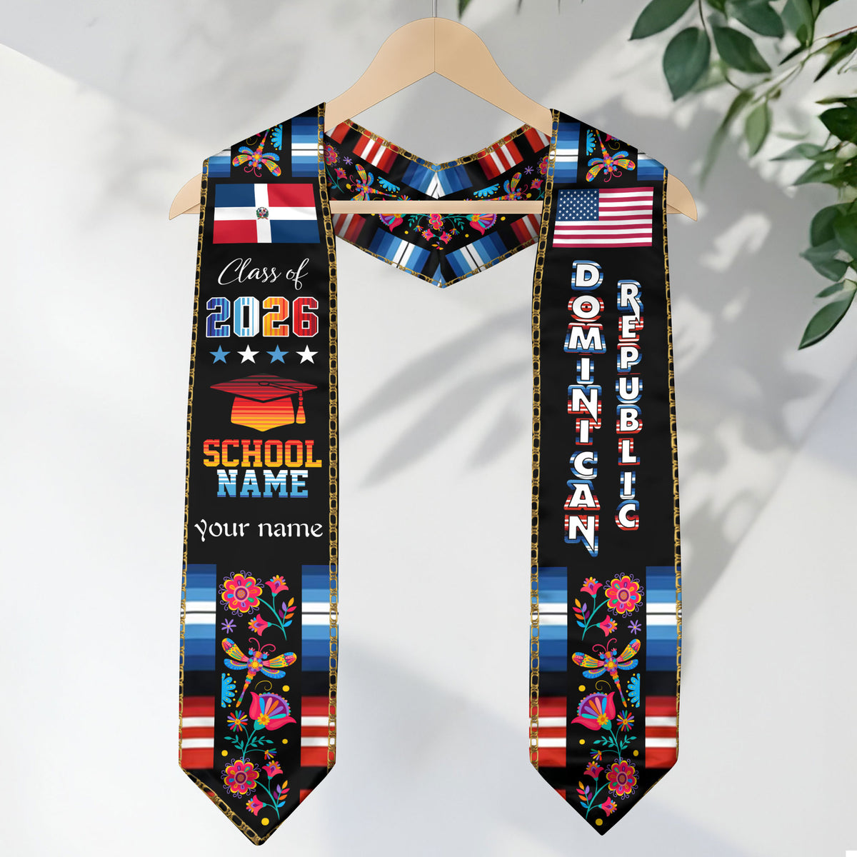 Personalized Dominicans Graduation Sash Class of 2026 Dominican USA Flag Butterfly Floral
