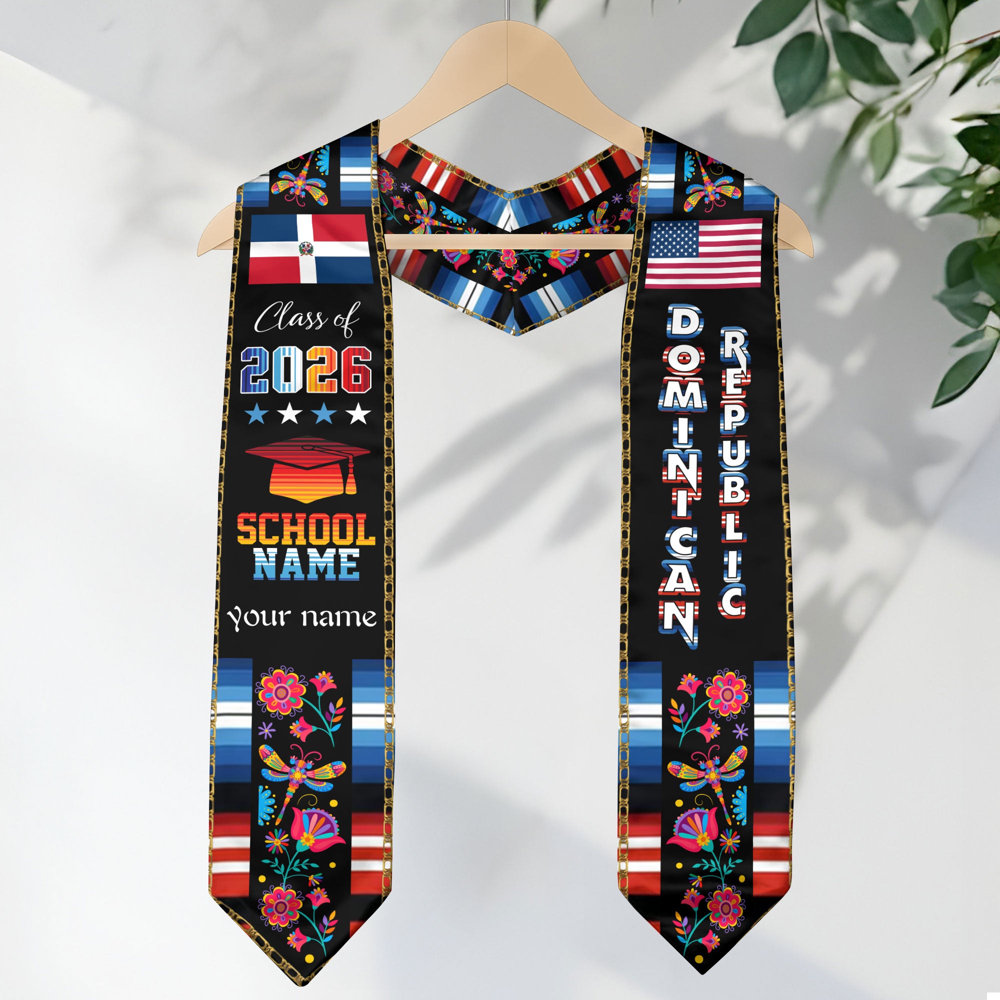 Personalized Dominicans Graduation Sash Class of 2026 Dominican USA Flag Butterfly Floral