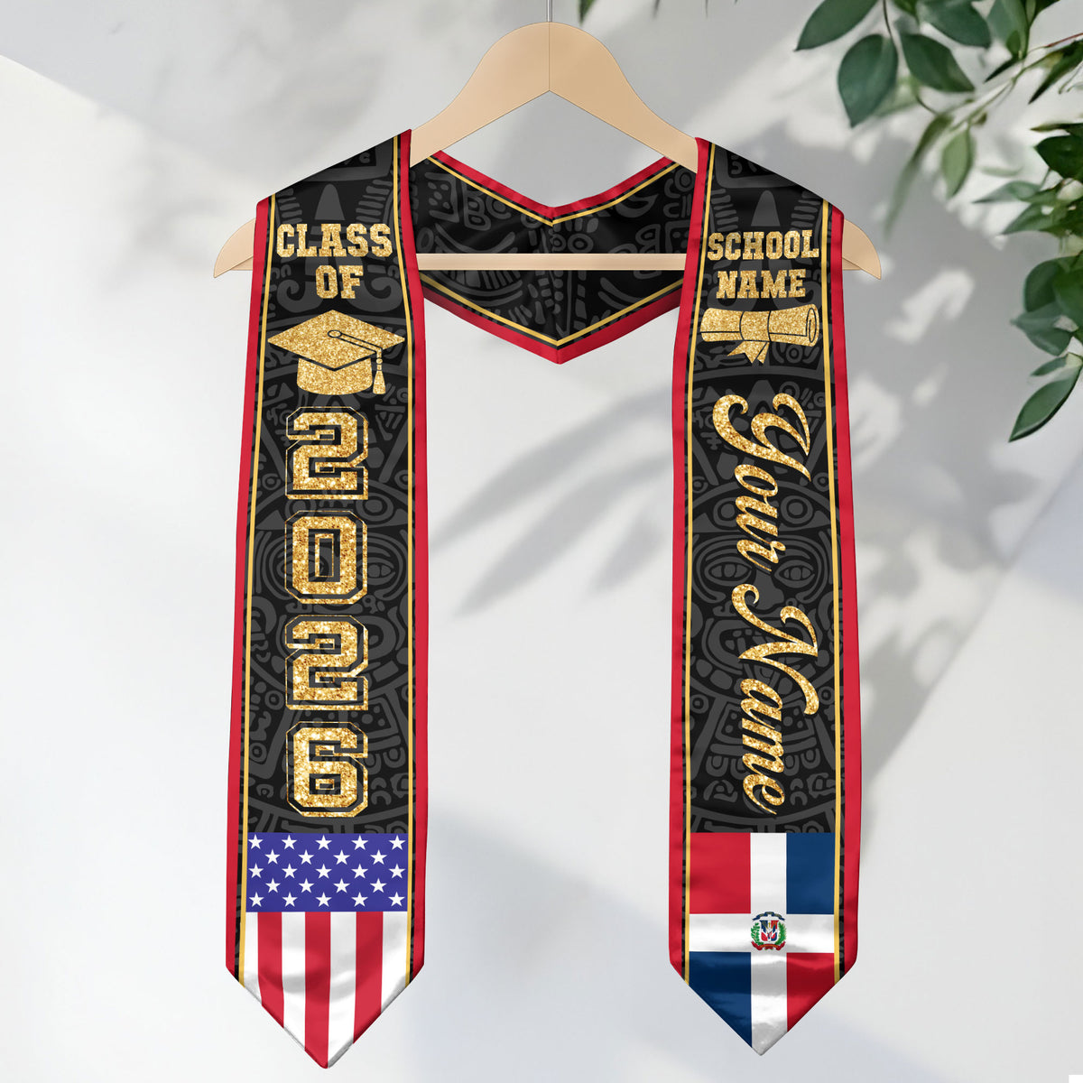 Dominican USA Flag Graduation Stole Class of 2026 Custom Dominicans Aztec Pattern