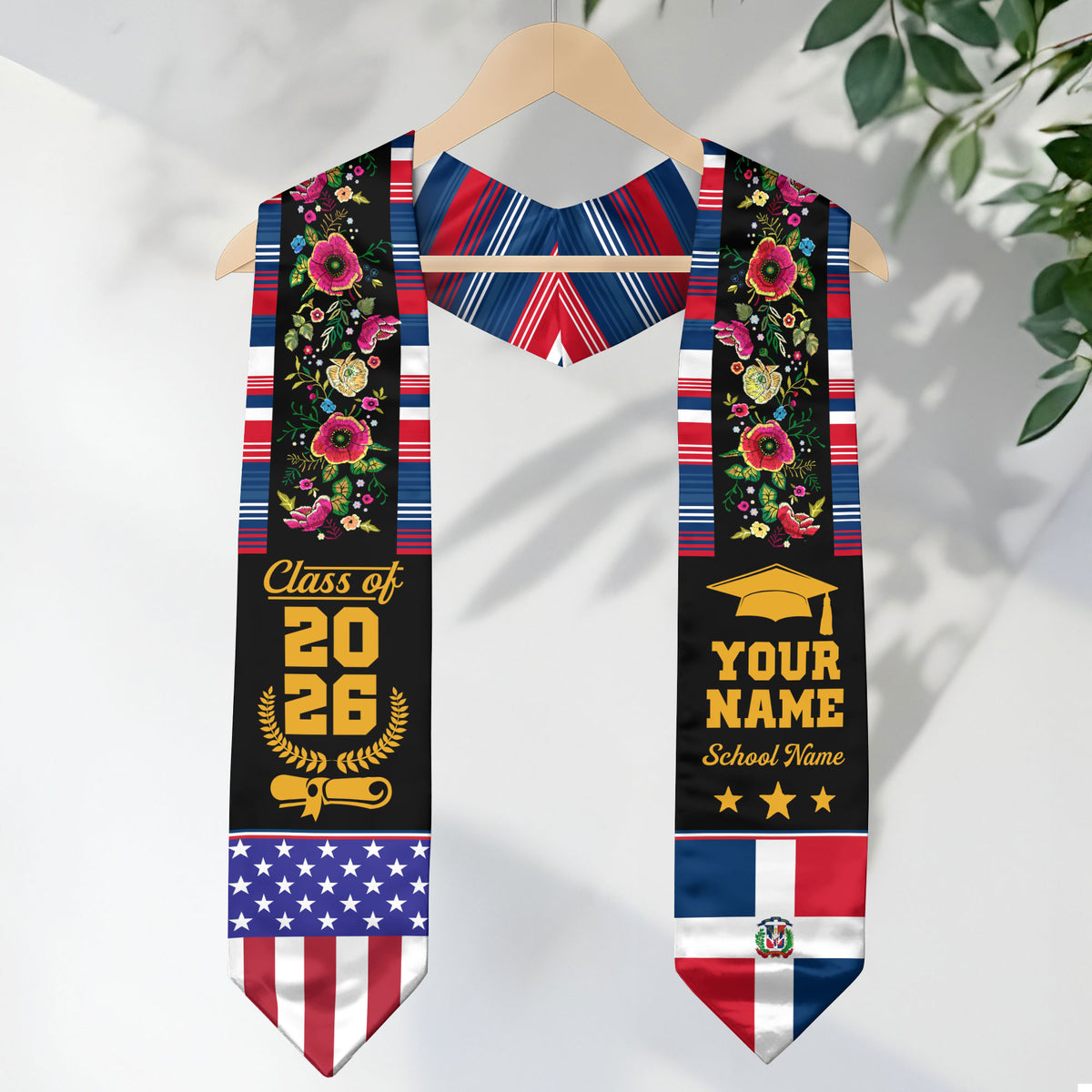 Dominicans Class of 2026 Graduation Stole Custom Dominican USA Flag Floral Embroidery