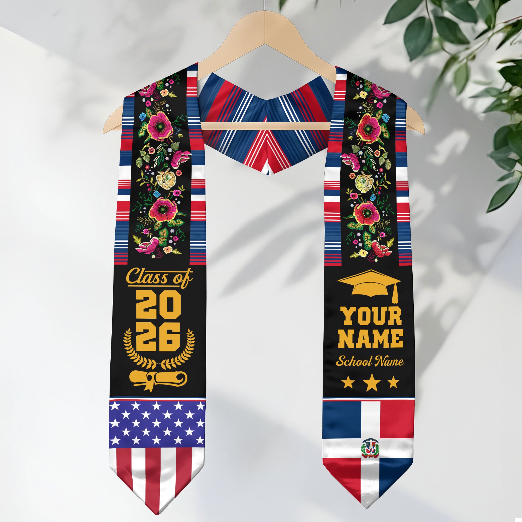 Dominicans Class of 2026 Graduation Stole Custom Dominican USA Flag Floral Embroidery