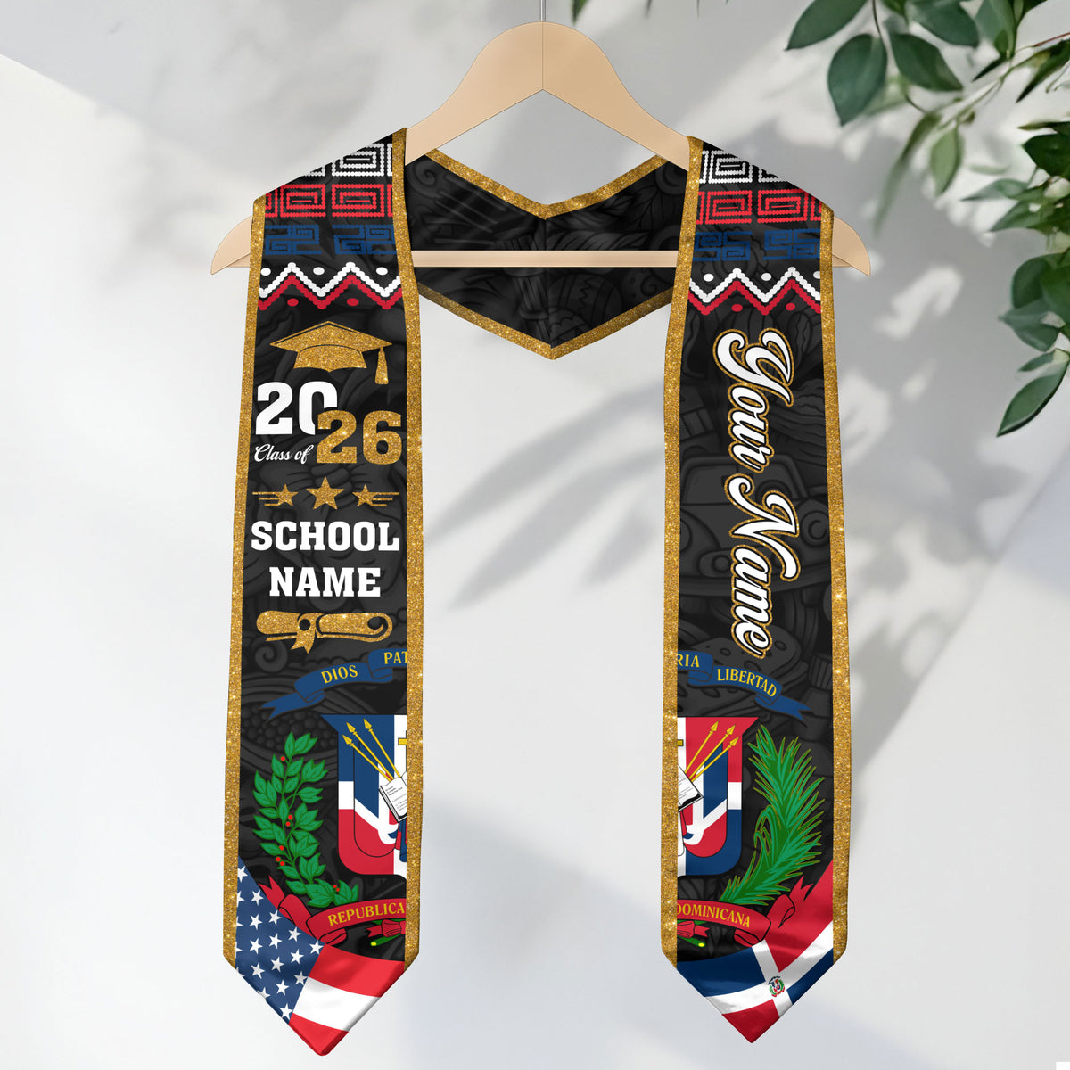 Custom Dominicans Graduation Stole Class of 2026 Dominican USA Flag Tribal Pattern