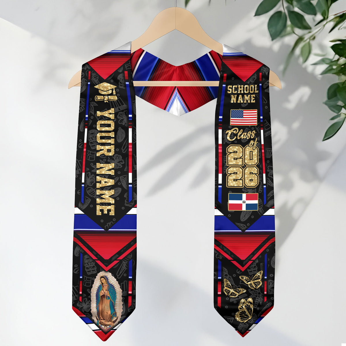 Dominican USA Flag Graduation Stole Class of 2026 Custom Dominicans Sash Virgin Mary Butterfly