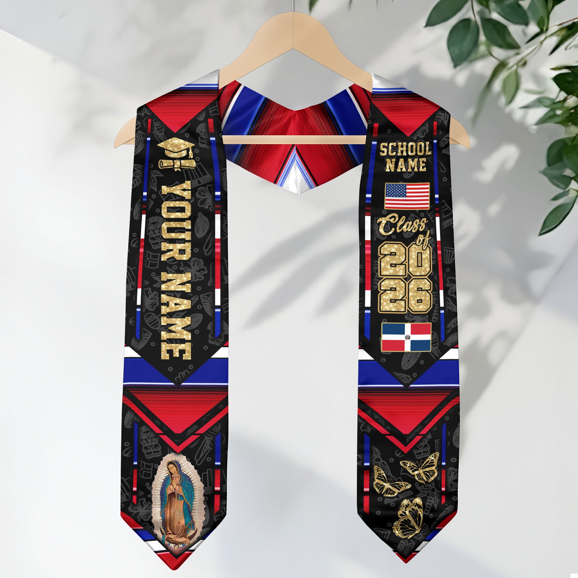 Dominican USA Flag Graduation Stole Class of 2026 Custom Dominicans Sash Virgin Mary Butterfly