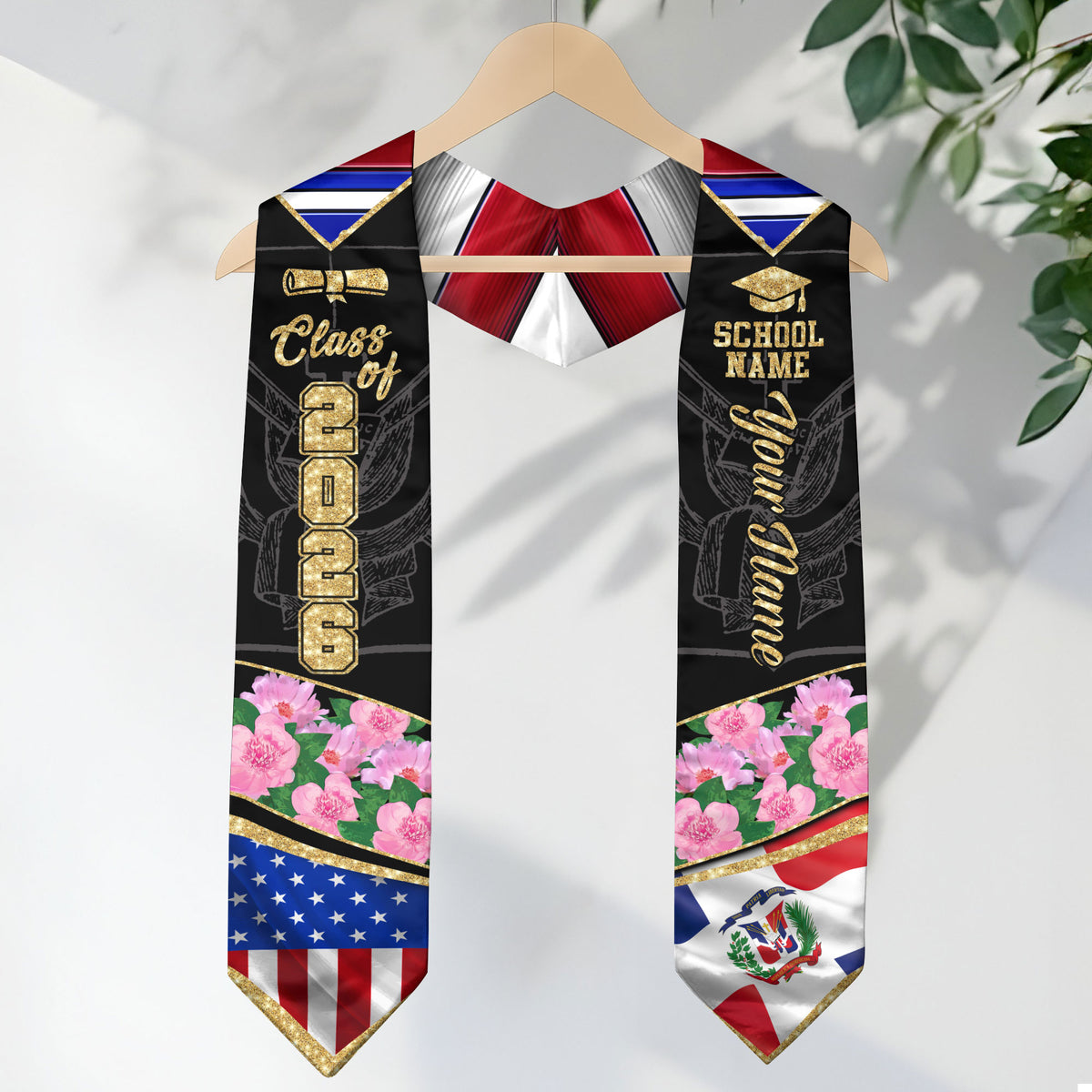 Class of 2026 Dominicans Graduation Stole Custom Dominican USA Flag Peony Floral Design