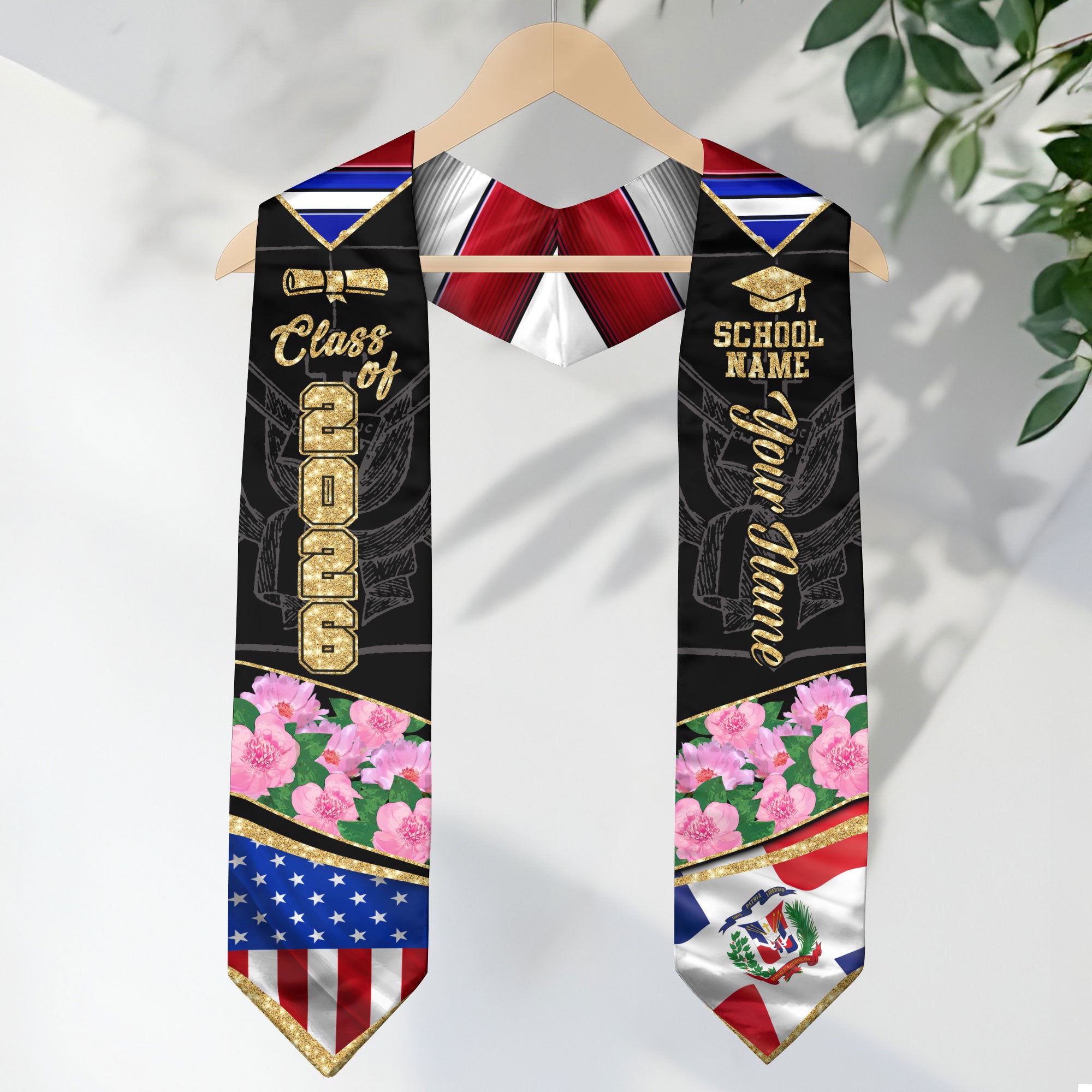 Class of 2026 Dominicans Graduation Stole Custom Dominican USA Flag Peony Floral Design