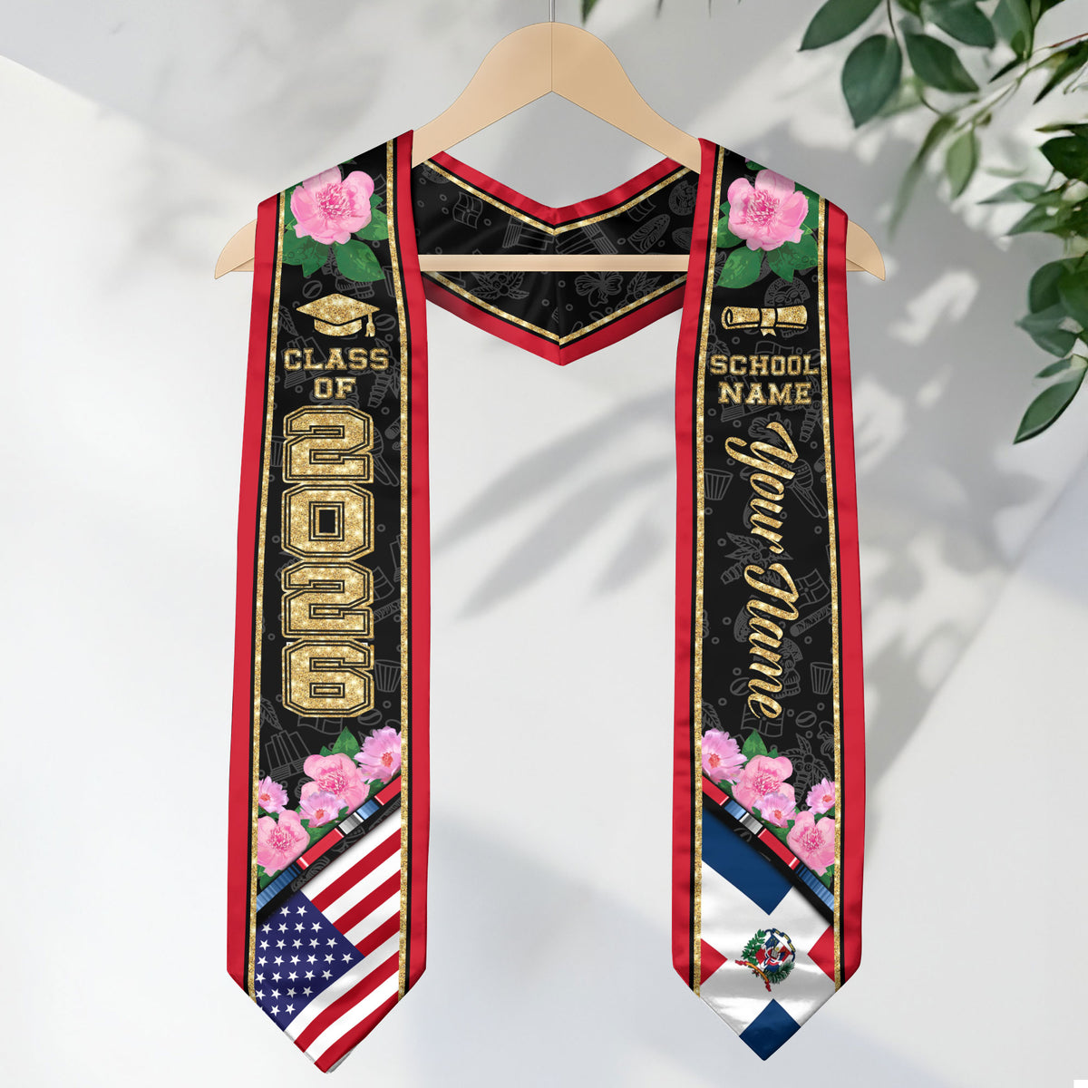 Personalized Dominicans Graduation Sash Class of 2026 Dominican USA Flag Peony Flower