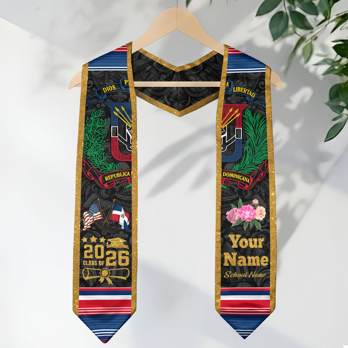 Custom Dominican American Graduation Stole, DR Floral Grad Sash, Class of 2026 Graduate Gift