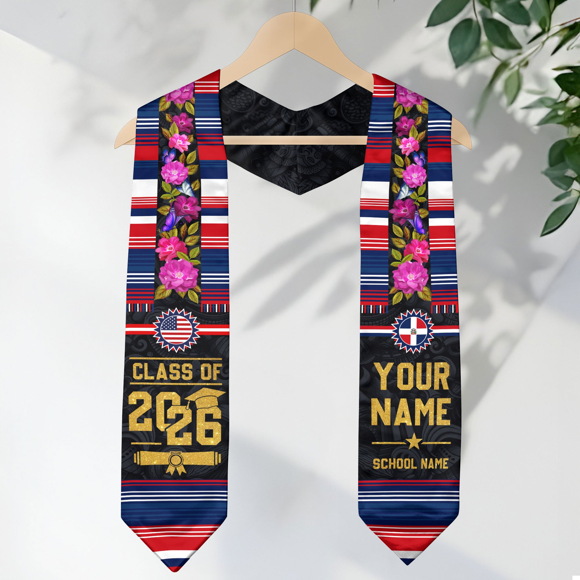 Dominican Flag Graduation Sash, Custom Floral Grad Stole , Class of 2026 Dominican Graduate