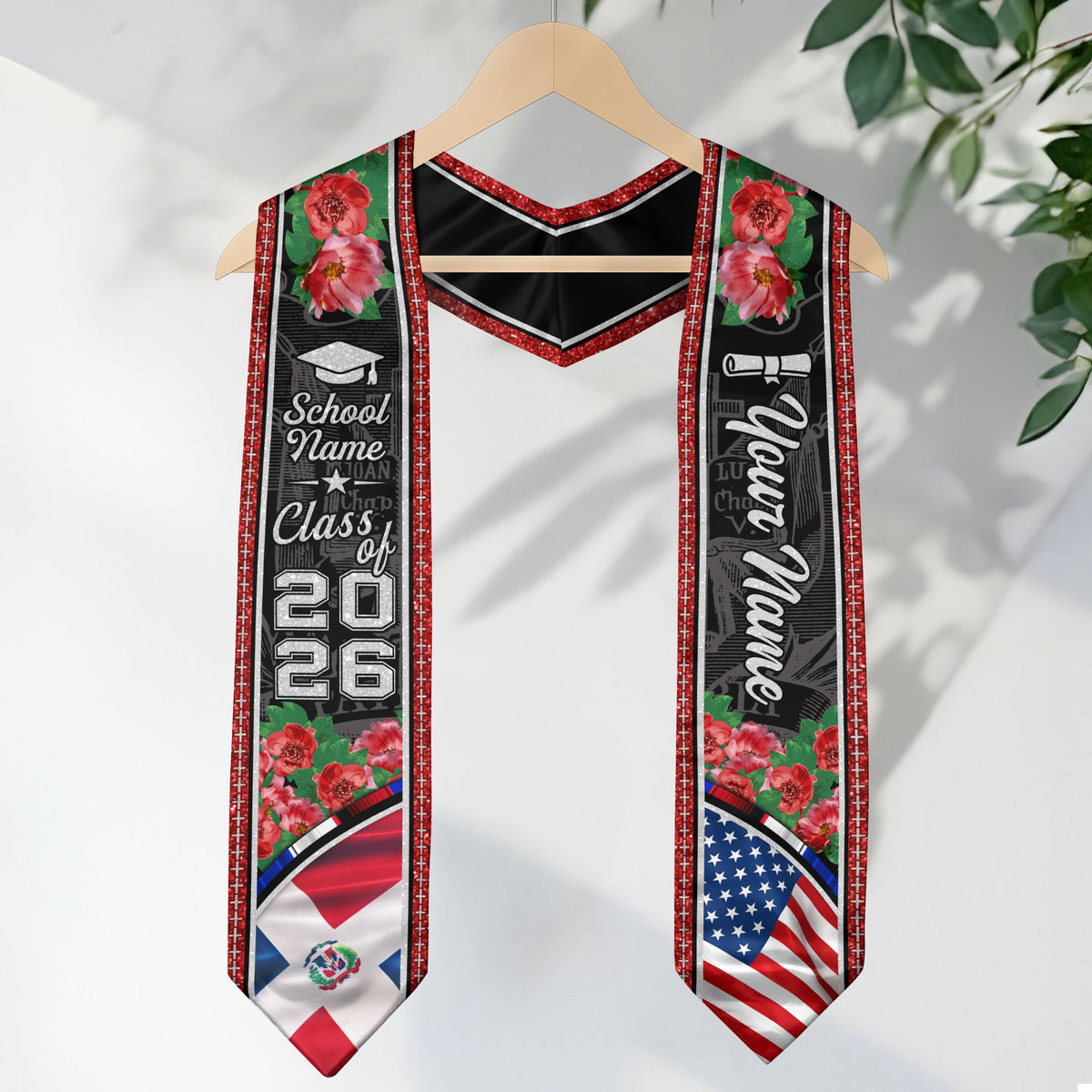 Personalized Dominican American Graduation Floral Stole Grad Sash, Class of 2026 Senior Gift